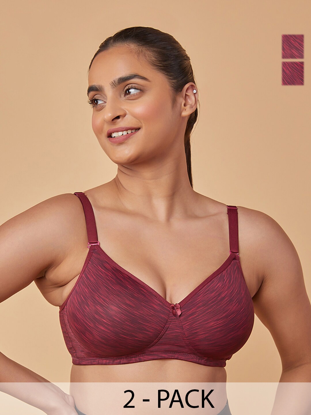 

MAASHIE Pack of 2 Convertible Straps Non-Wired Padded T-Shirt Bra MRN-MRN, Maroon