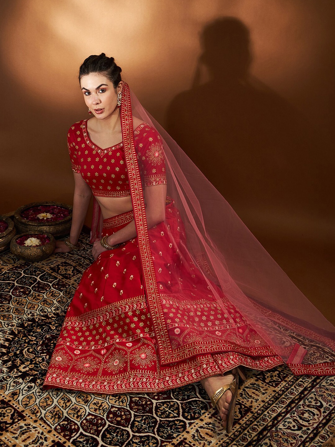 

THE52 Embroidered Zari Semi-Stitched Lehenga & Unstitched Blouse With Dupatta, Red