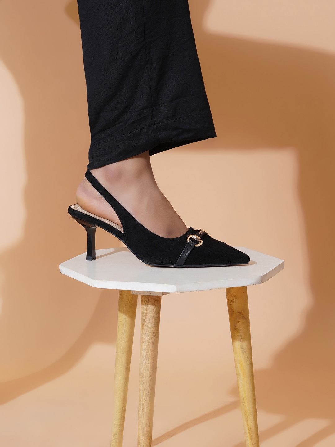 

Sherrif Shoes Pointed Toe Slim Heeled Mules with Buckles, Black
