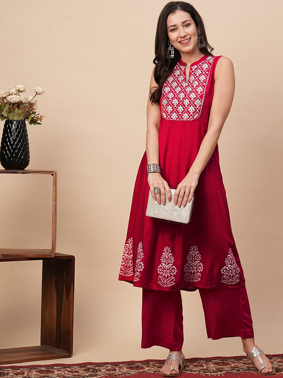 

Globus Embroidered Yoke Panelled Gotta Lace A-Line Kurta With Straight Pants Festive Set, Red