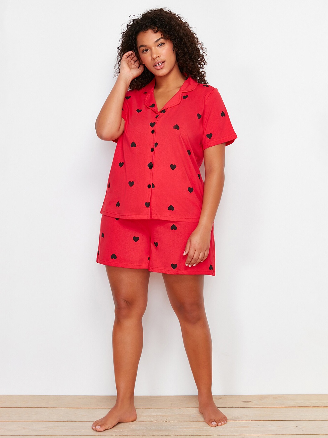 

Trendyol Printed Pure Cotton Shirt & Shorts Night Suits, Red