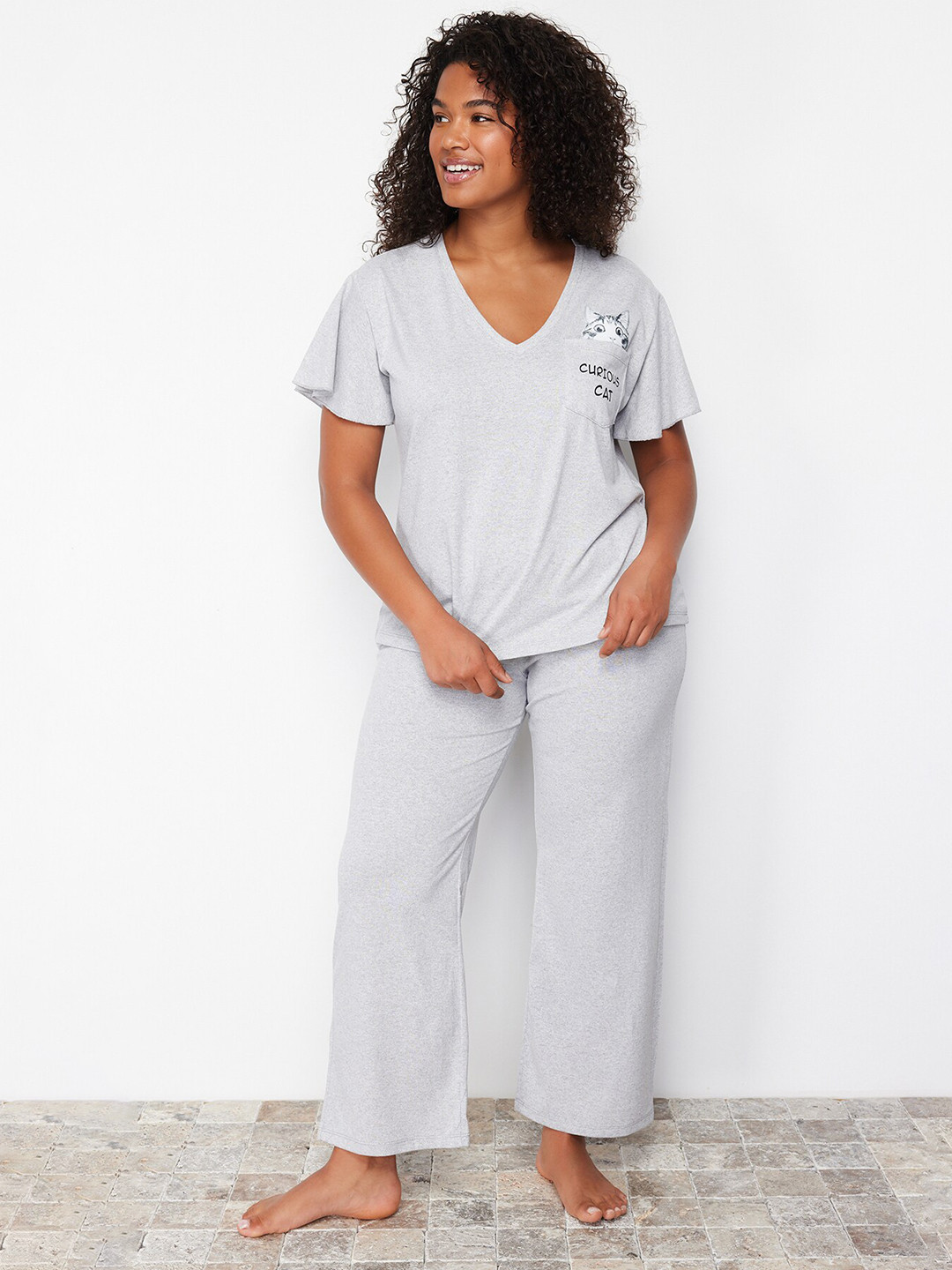 

Trendyol V-Neck T-Shirt & Lounge Pants Night suits, Grey