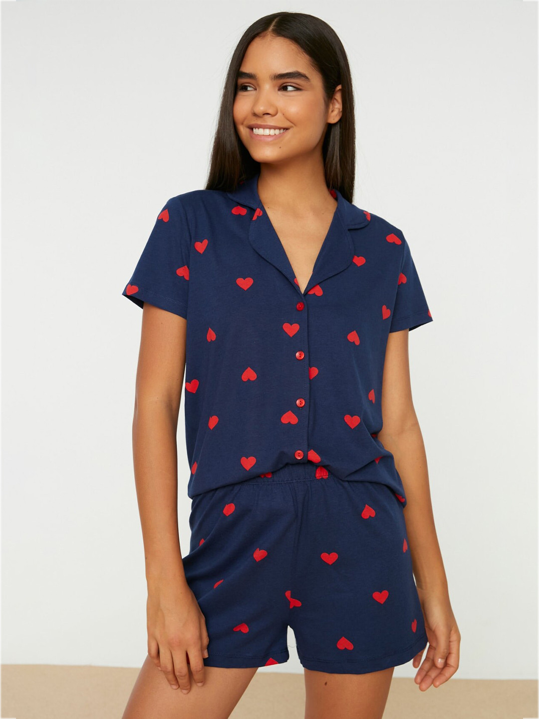 

Trendyol Printed Pure Cotton Shirt & Shorts Night Suits, Navy blue
