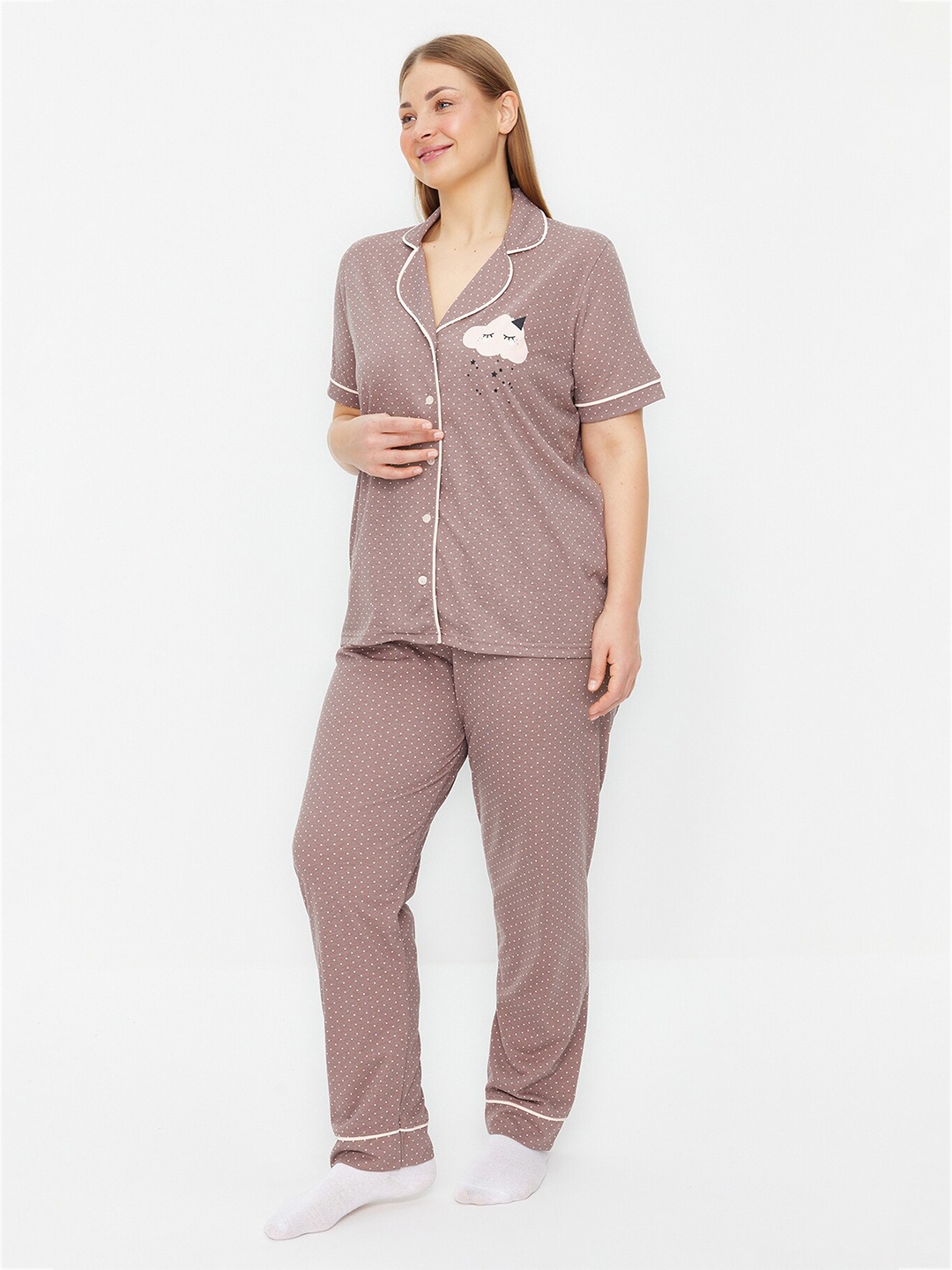 

Trendyol Printed Shirt & Lounge Pants Night Suits, Taupe
