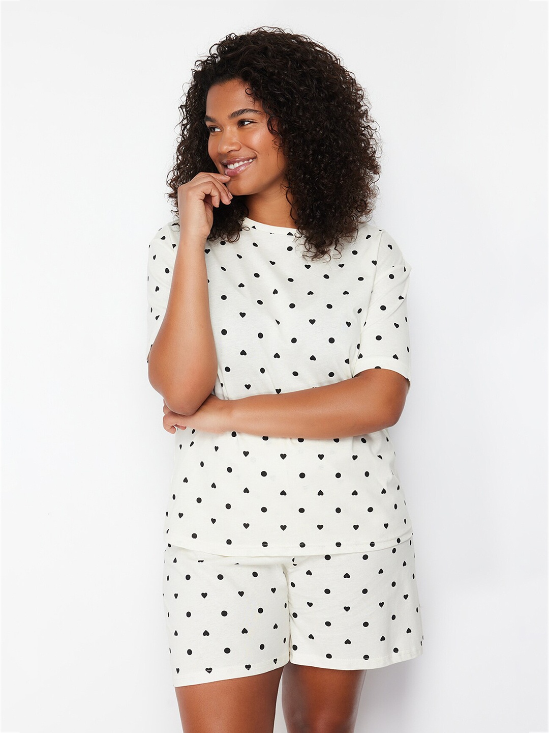 

Trendyol Printed Pure Cotton T-Shirt & Shorts Night Suits, White