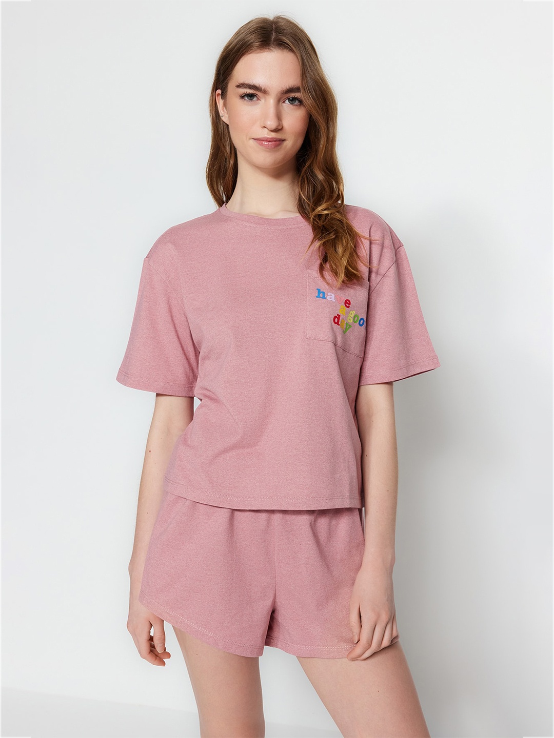 

Trendyol Pure Cotton T-Shirt & Shorts Night Suits, Peach
