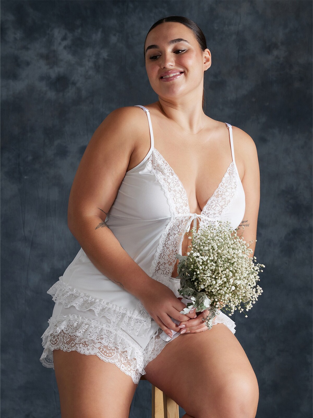 

Trendyol Plus Size Self Design Night Suit, White