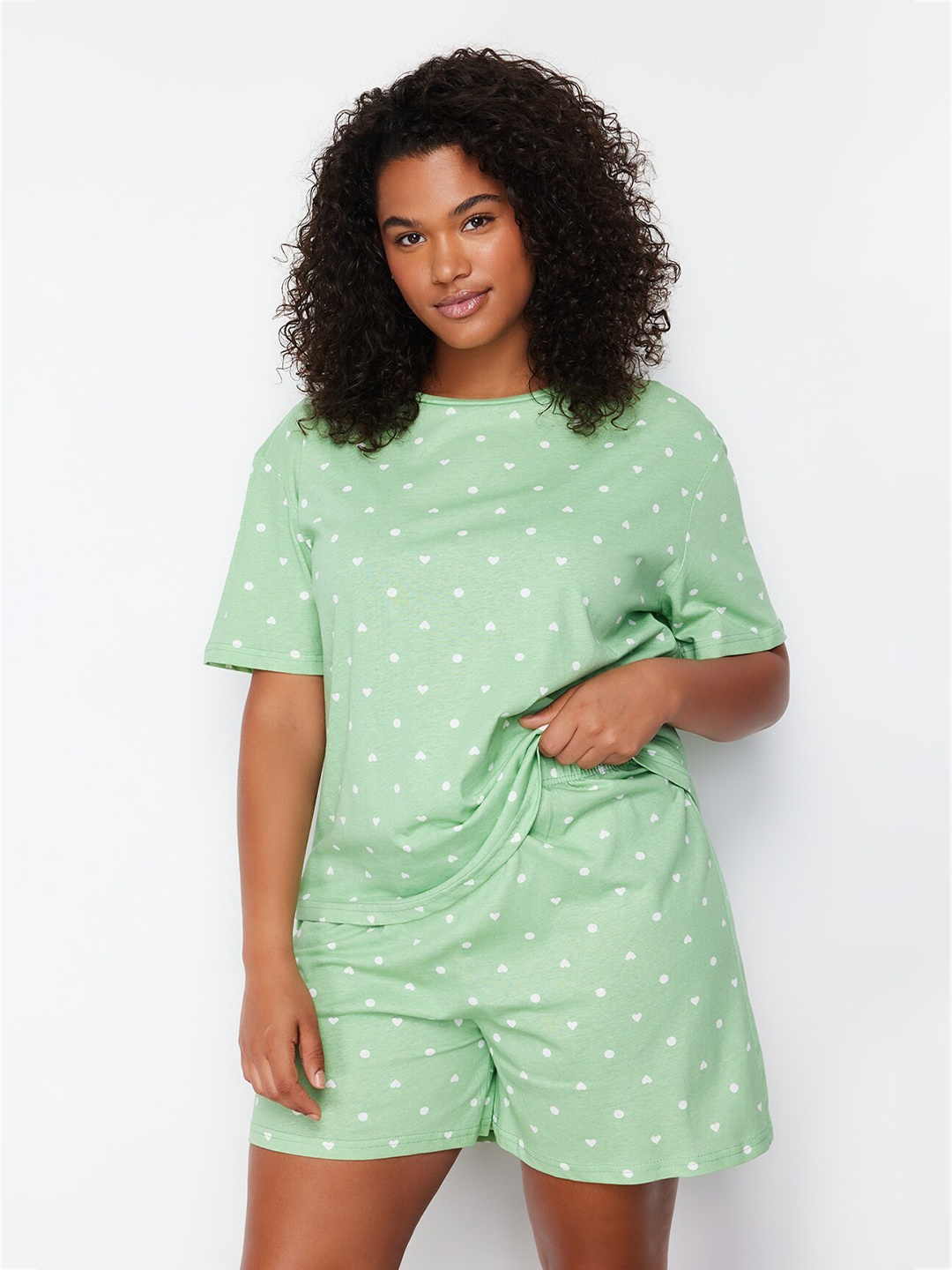 

Trendyol Printed Pure Cotton T-Shirt & Shorts Night Suits, Green