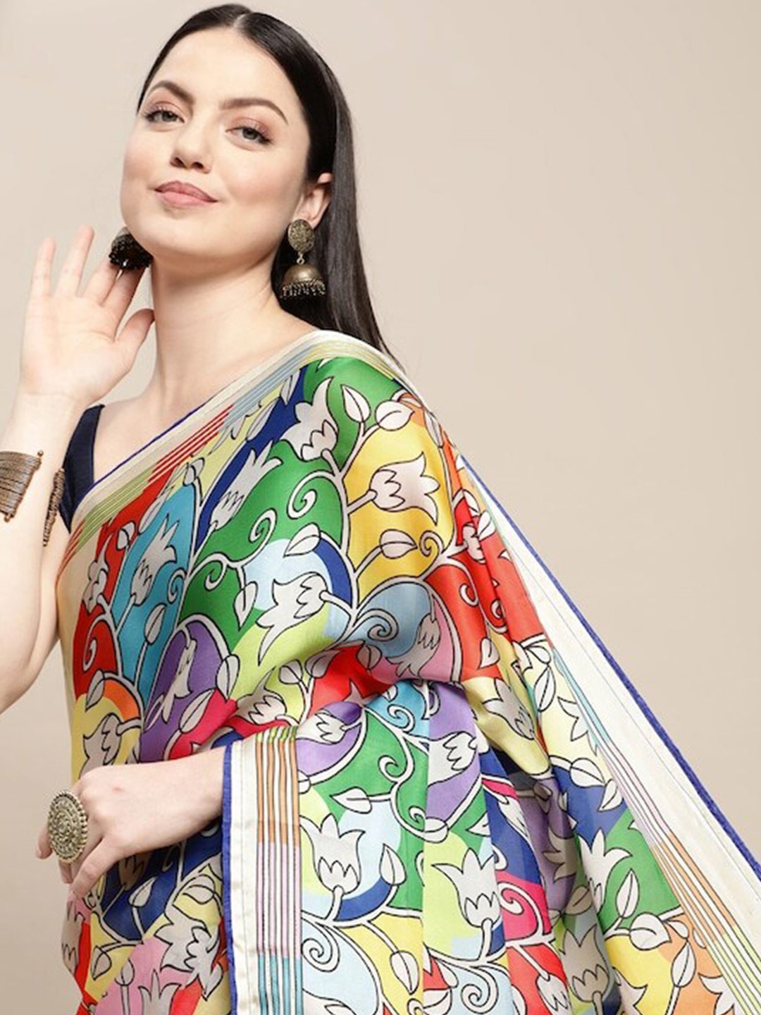 

Mitera Floral Printed Satin Saree, Cream