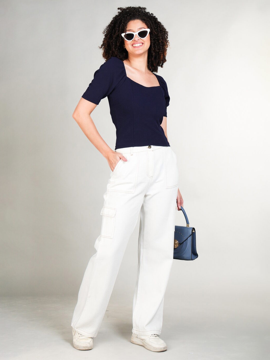 

The Roadster Lifestyle Co. Navy Blue Puff Sleeves Fitted Top