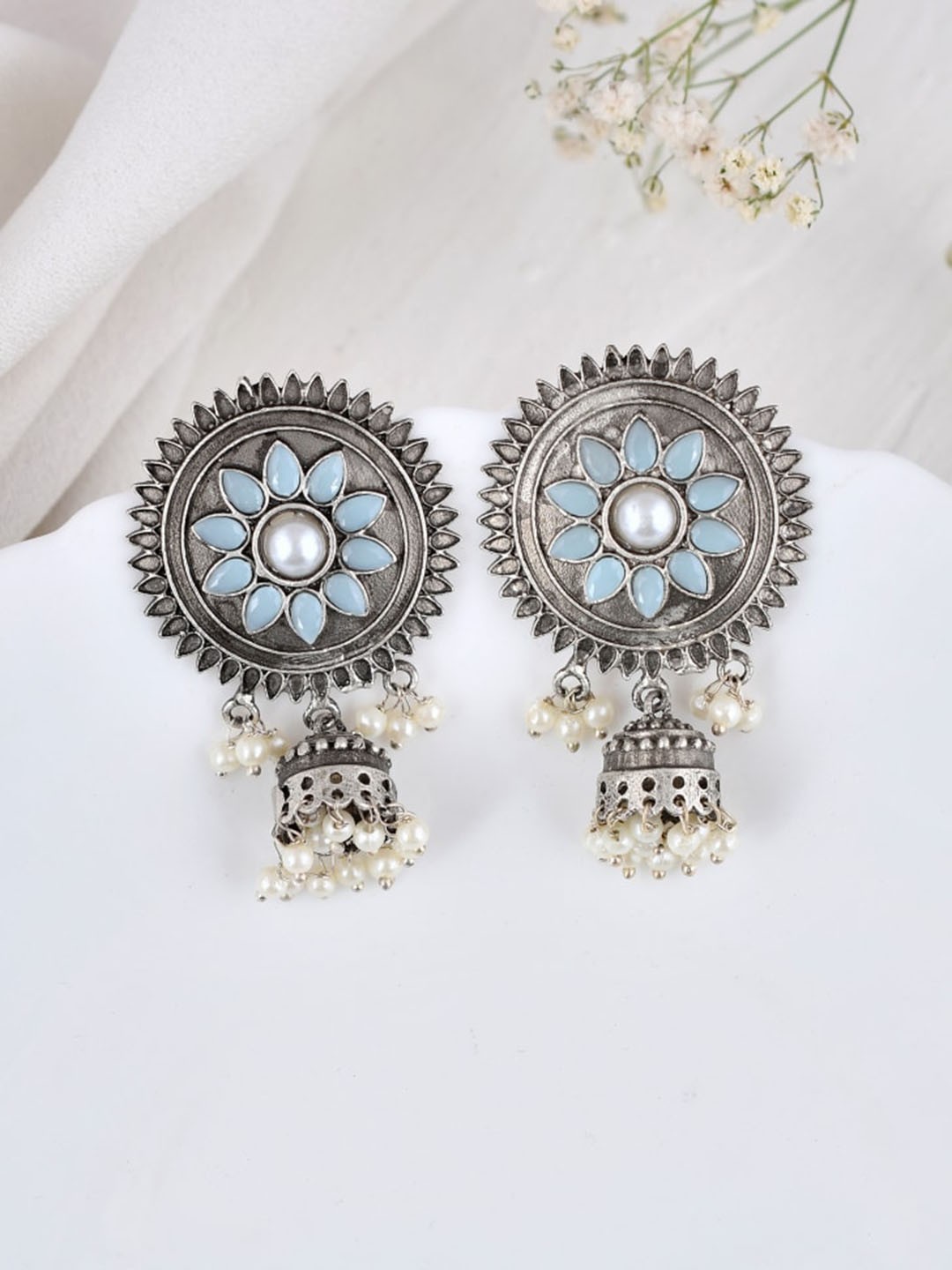 

DASTOOR Silver-Plated Contemporary Oxidised Jhumkas