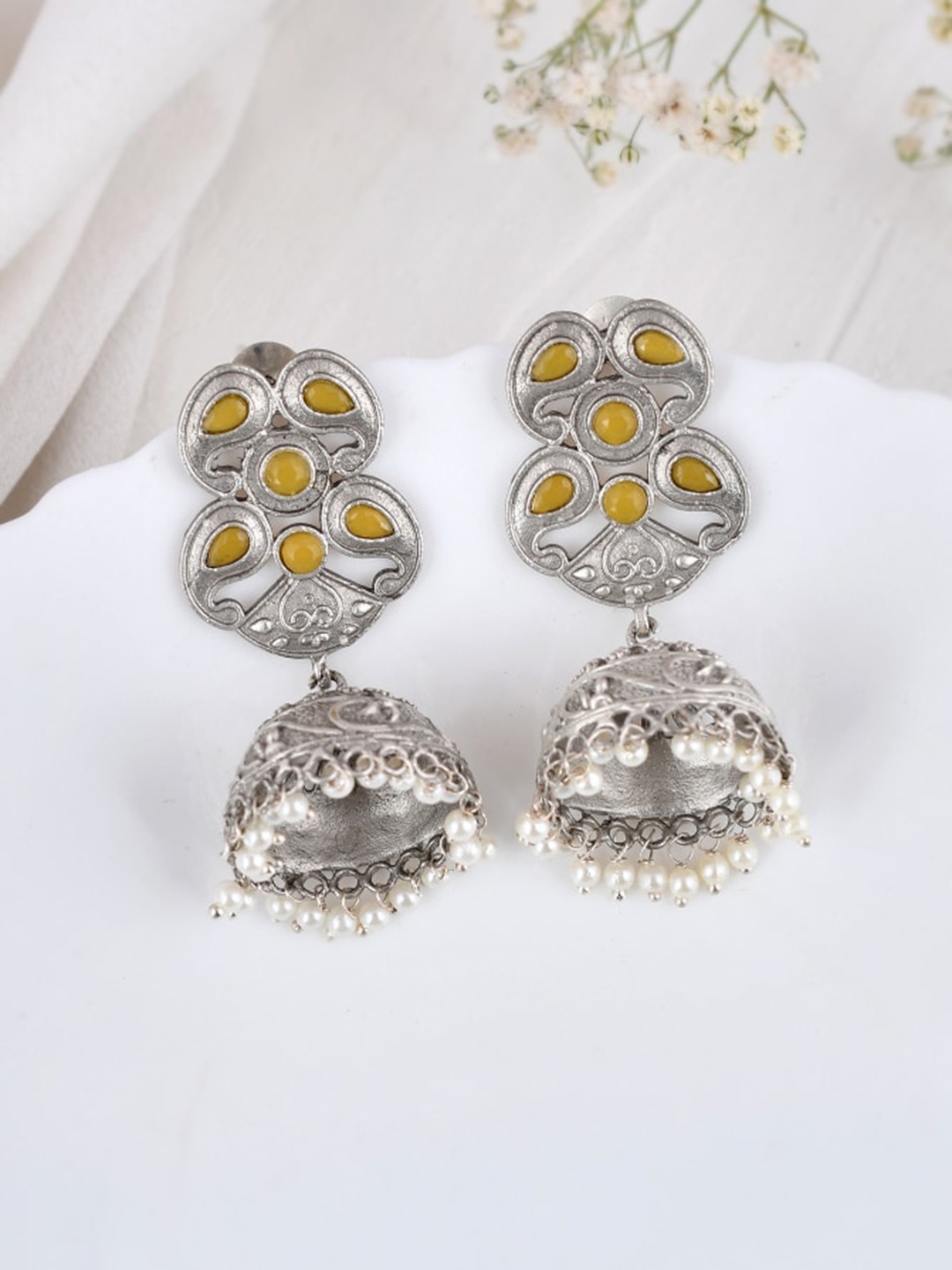 

DASTOOR Silver Plated Oxidised Stone Studded Jhumkas