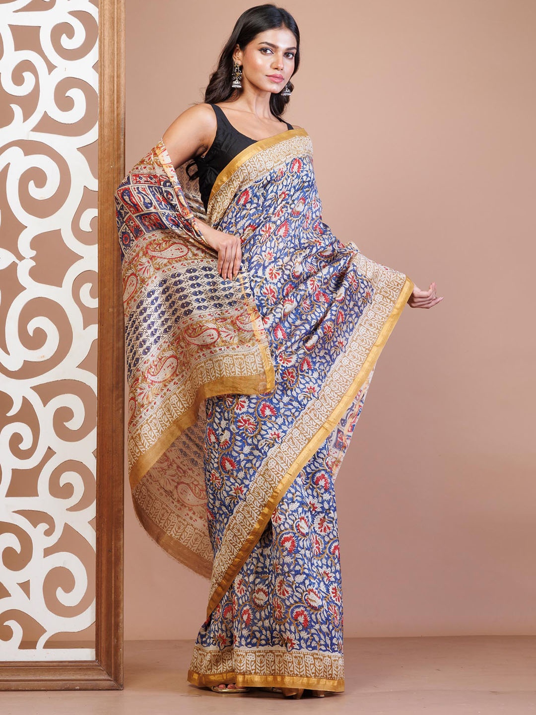 

Unnati Silks Floral Zari Silk Cotton Chanderi Saree, Blue