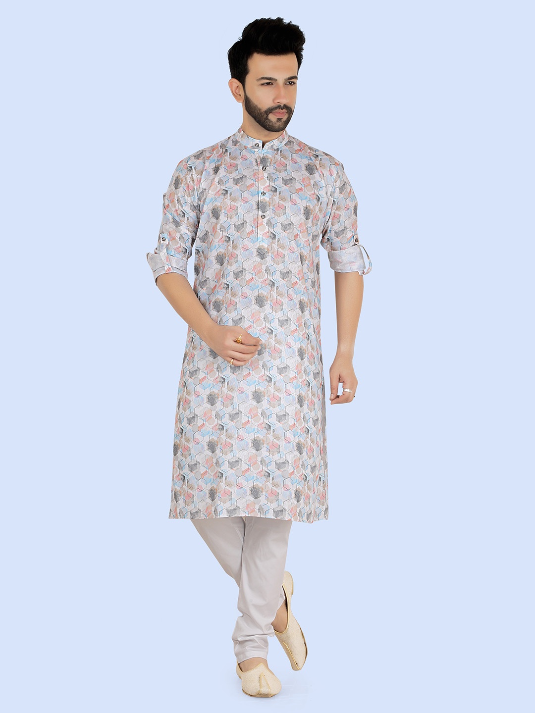 

Ethniks Neu-Ron Geometric Printed Roll-up Sleeves Regular Pure Cotton Kurta with Pyjamas, Blue