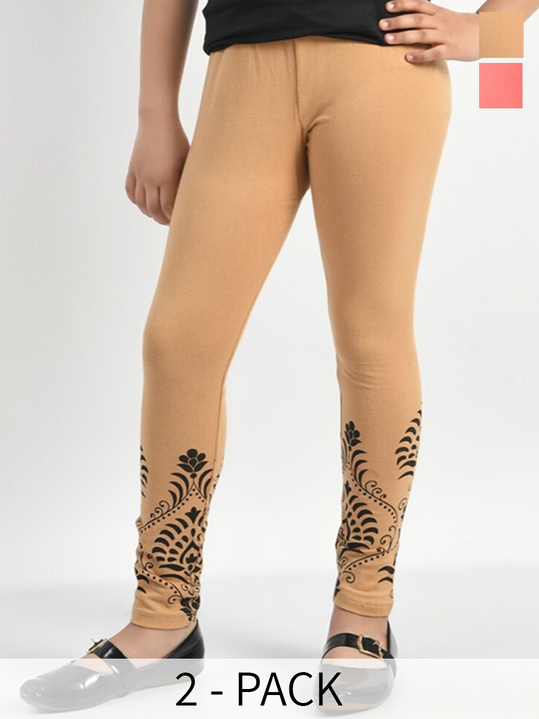 

BAESD Girls Pack Of 2 Printed Cotton Ankle Length Leggings, Beige