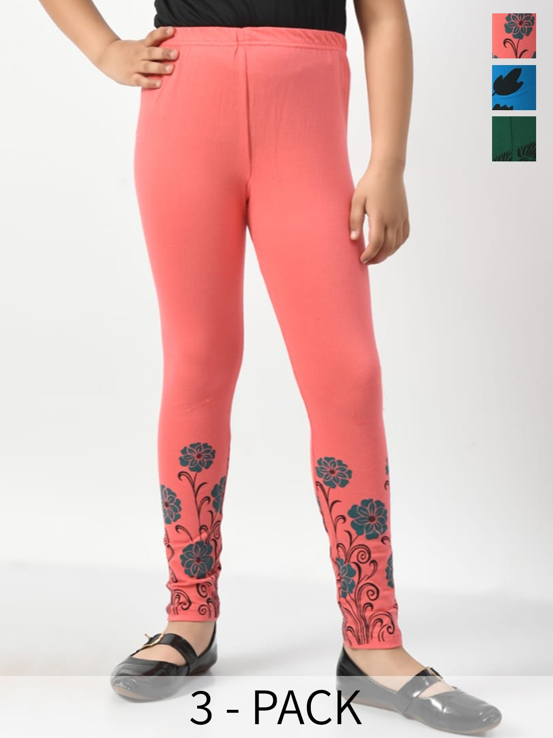 

BAESD Girls Pack Of 3 Printed Cotton Ankle Length Leggings, Peach