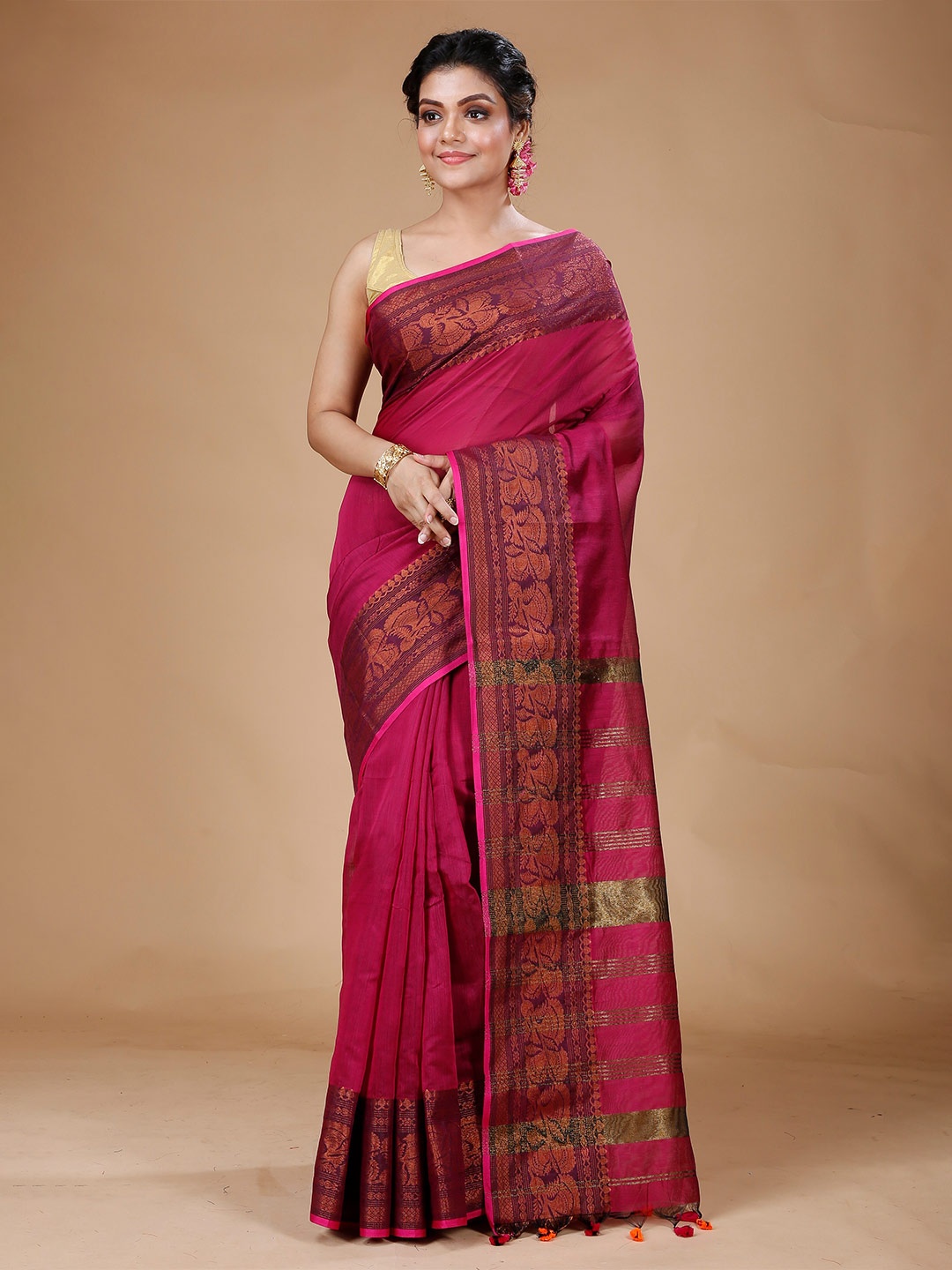 

Bong ButiQ Zari Silk Cotton Saree, Pink