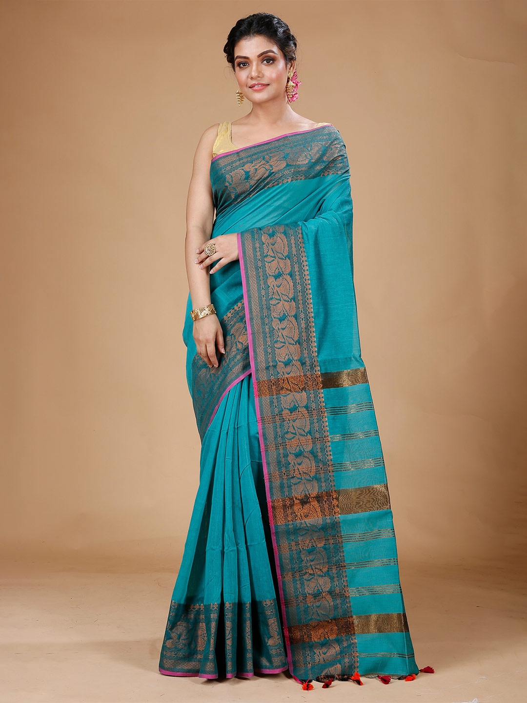 

Bong ButiQ Zari Silk Cotton Saree, Teal