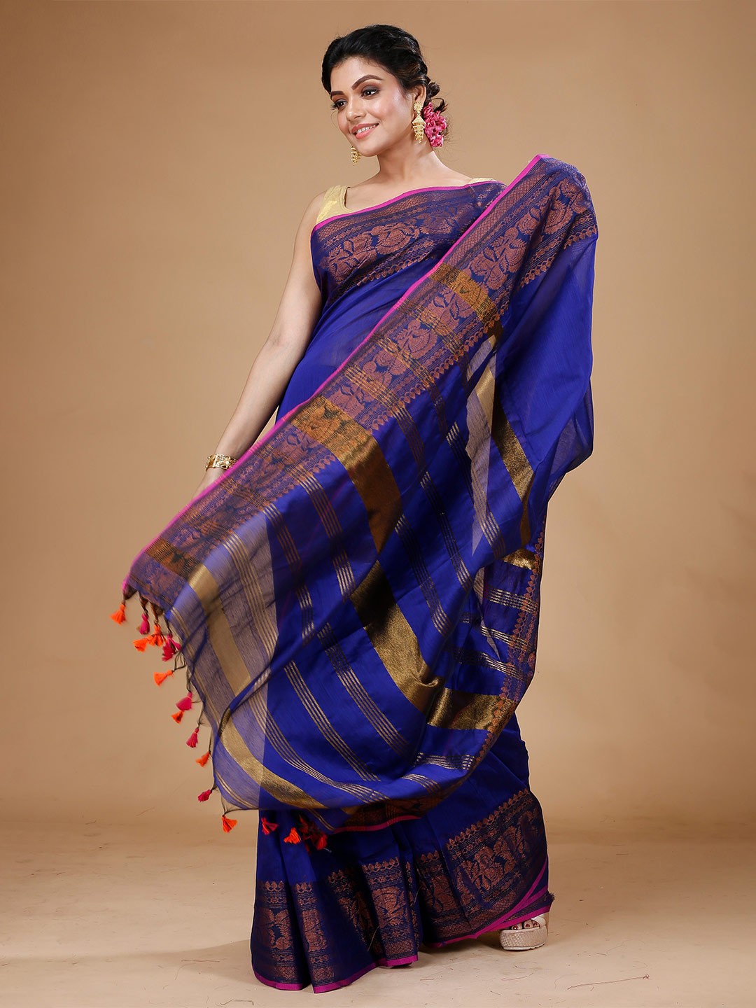 

Bong ButiQ Zari Silk Cotton Saree, Blue