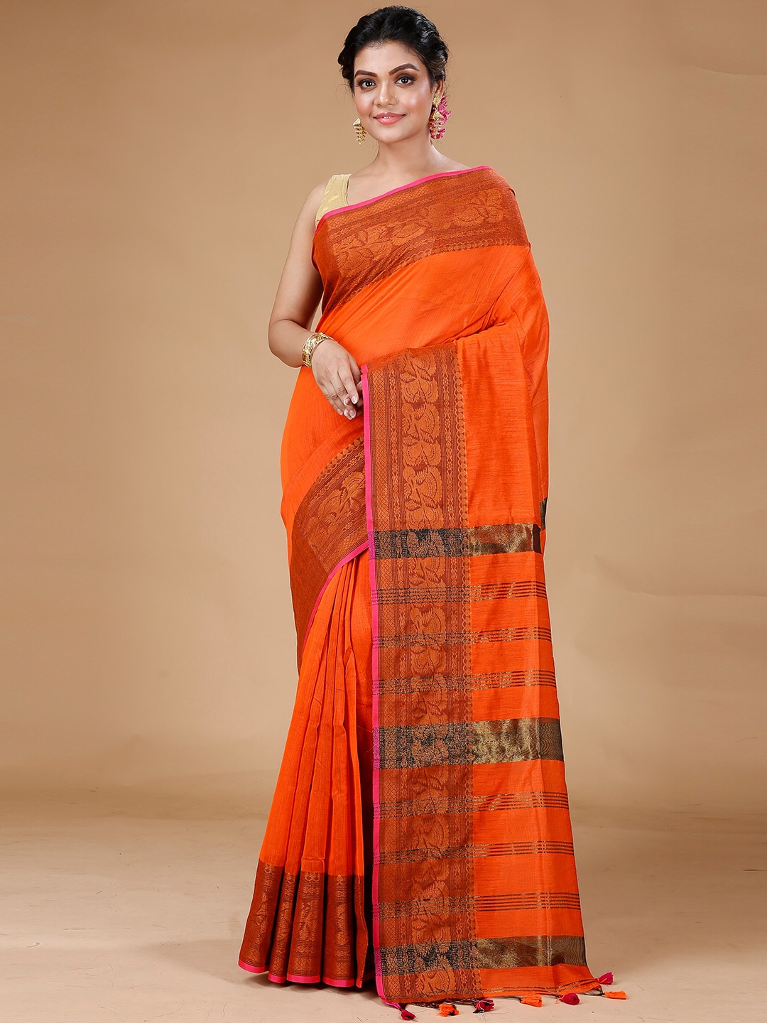

Bong ButiQ Zari Silk Cotton Saree, Orange