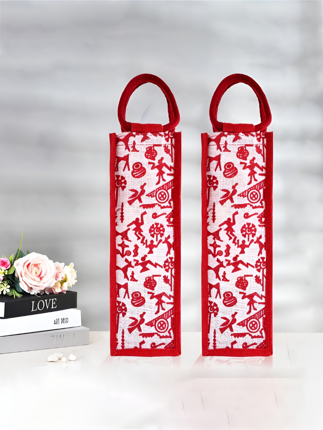 

Kuber Industries Red & White 2 Pieces Warli Printed Water Bottle Carry Bag With Handle