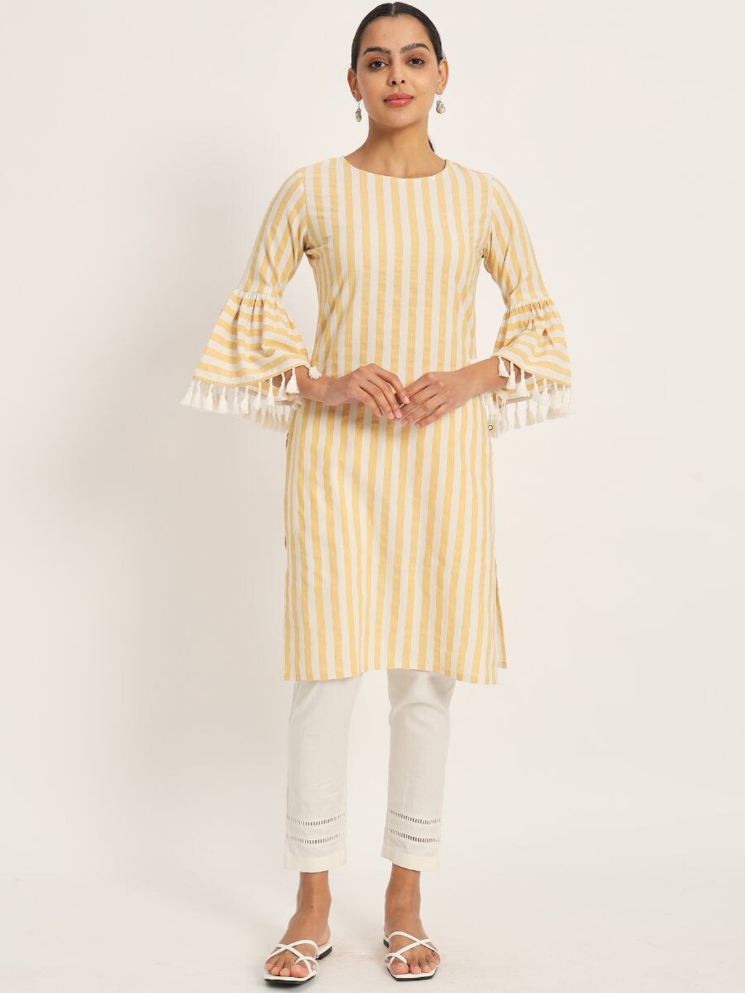 

FABNEST Striped Regular Kurta & Trousers, Yellow