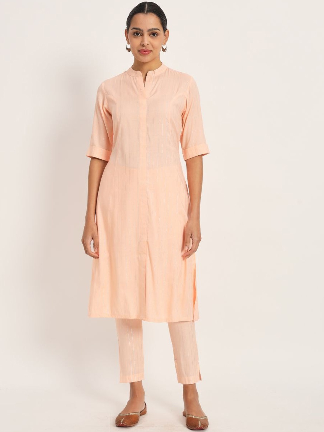 

FABNEST Striped Regular Kurta &Trousers, Peach