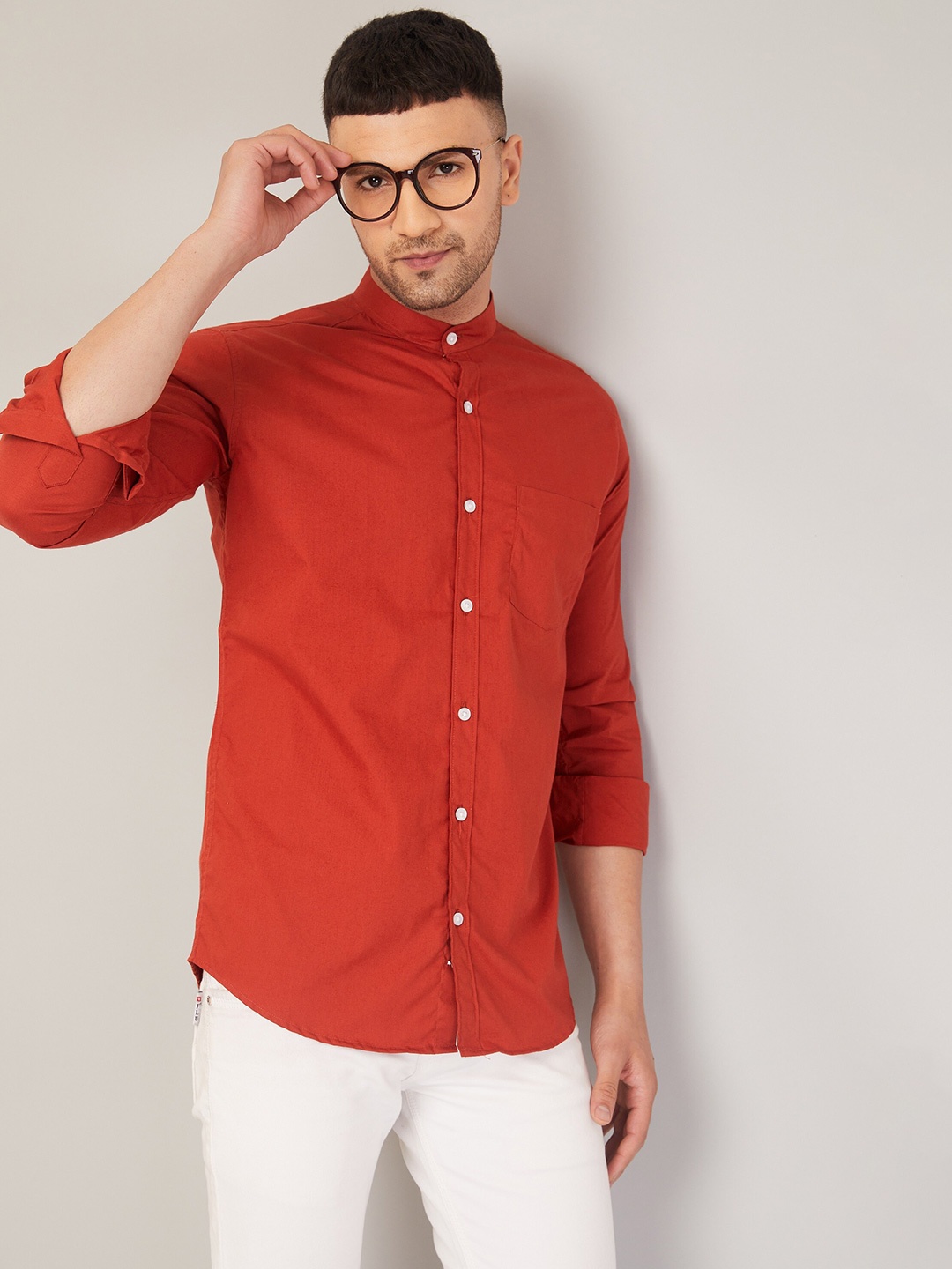 

LOUIS MONARCH Comfort Slim Fit Mandarin Collar Cotton Casual Shirt, Red
