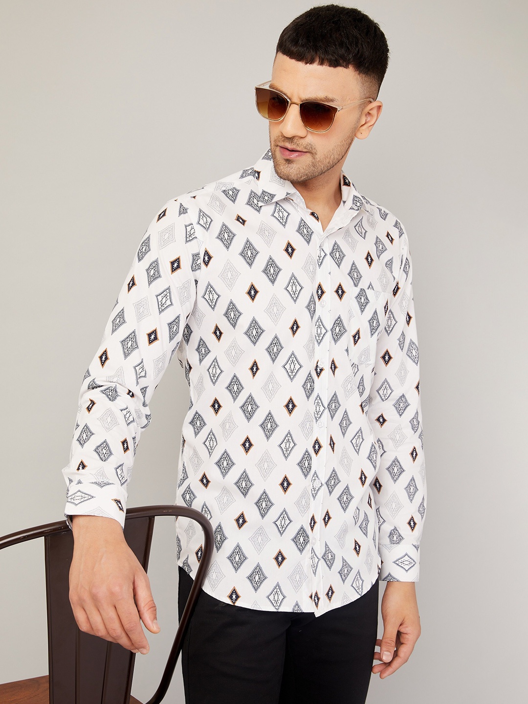 

LOUIS MONARCH Comfort Slim Fit Geometric Printed Cotton Casual Shirt, White