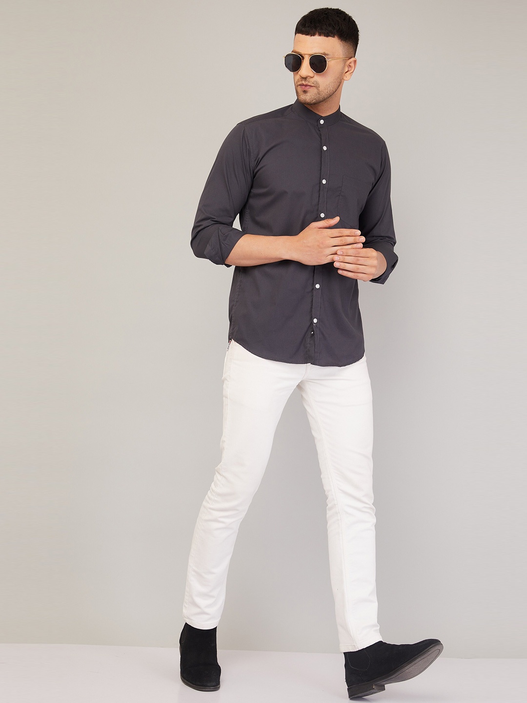 

LOUIS MONARCH Comfort Band Collar Long Sleeves Slim Fit Cotton Casual Shirt, Grey