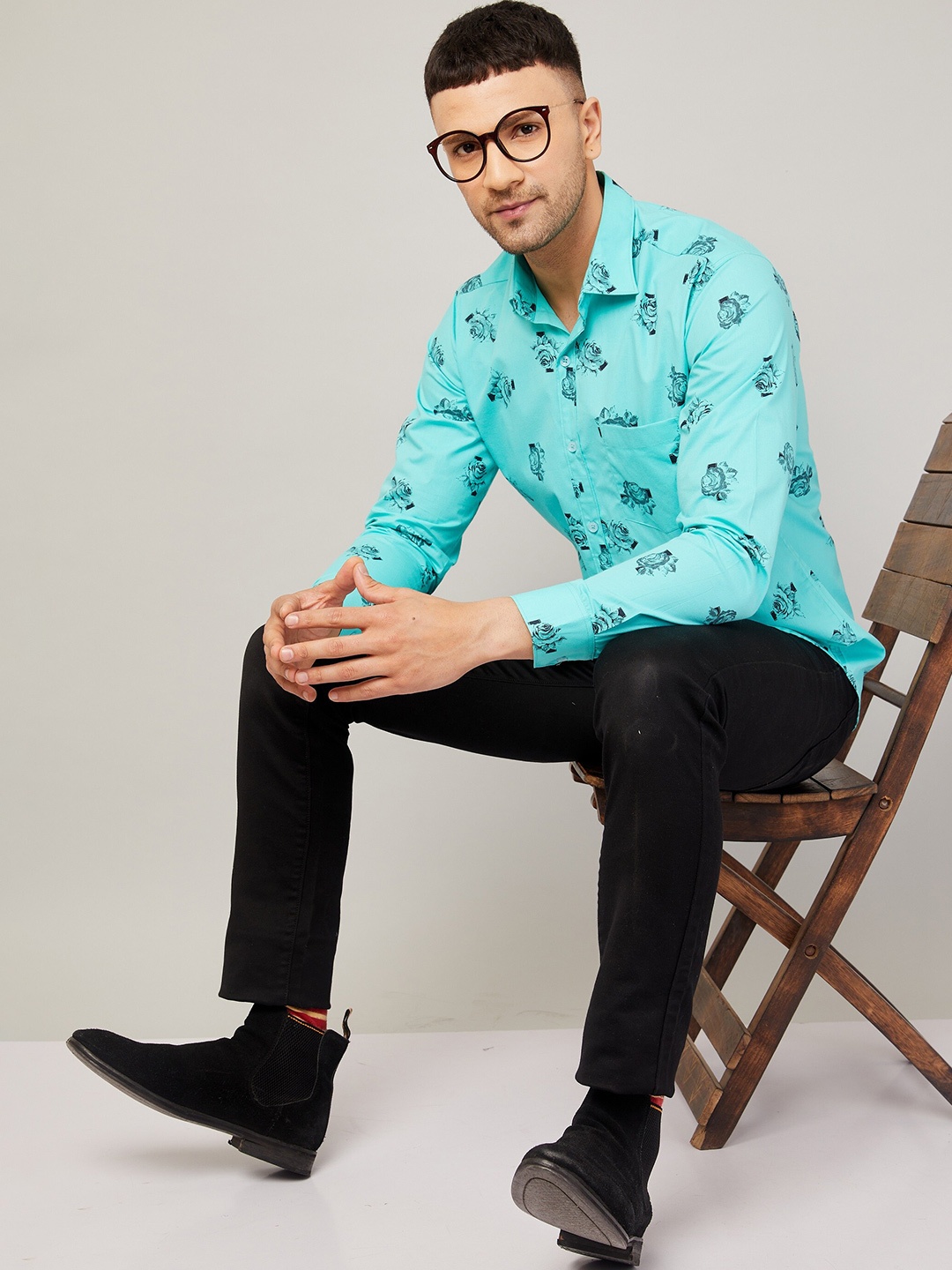 LOUIS MONARCH Comfort Floral Printed Formal Shirt, Turquoise blue