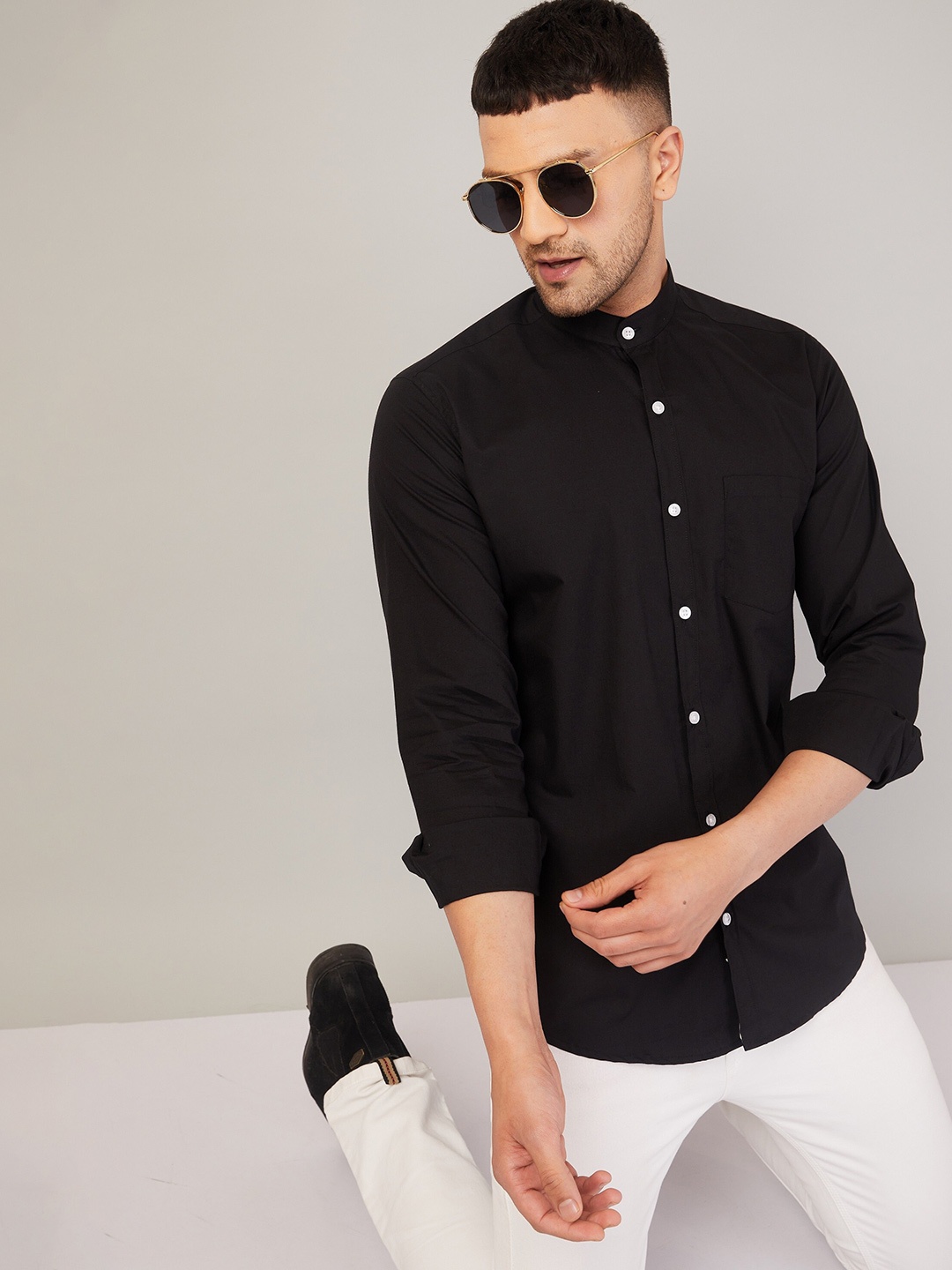 

LOUIS MONARCH Mandarin Collar Comfort Cotton Formal Shirt, Black