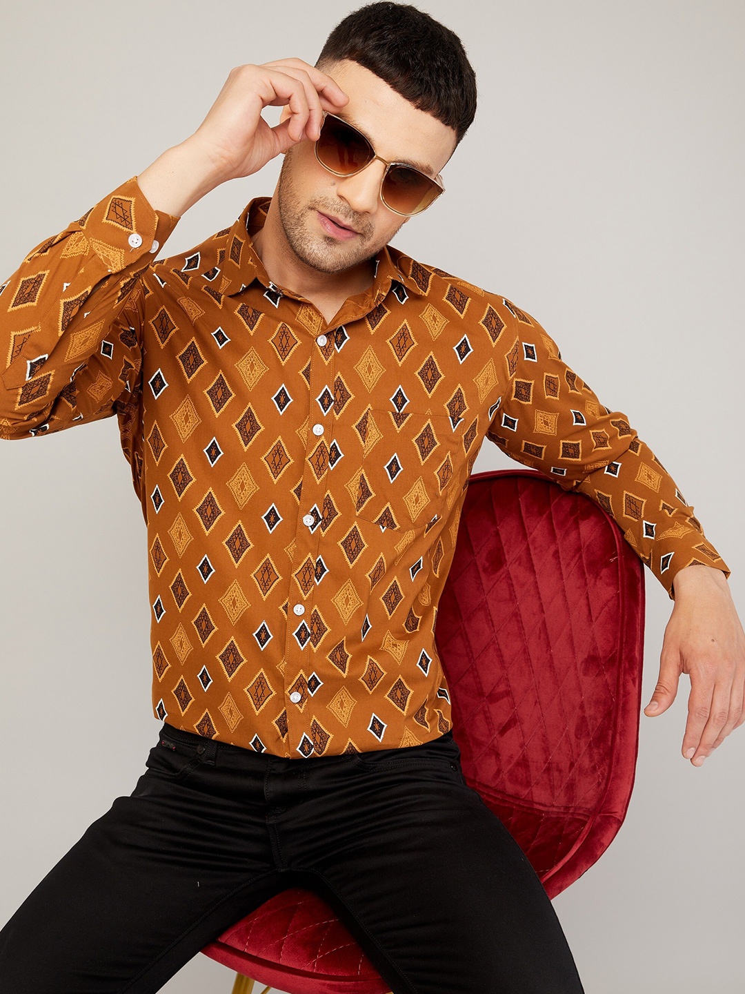 LOUIS MONARCH Comfort Ethnic Motifs Printed Formal Shirt, Brown