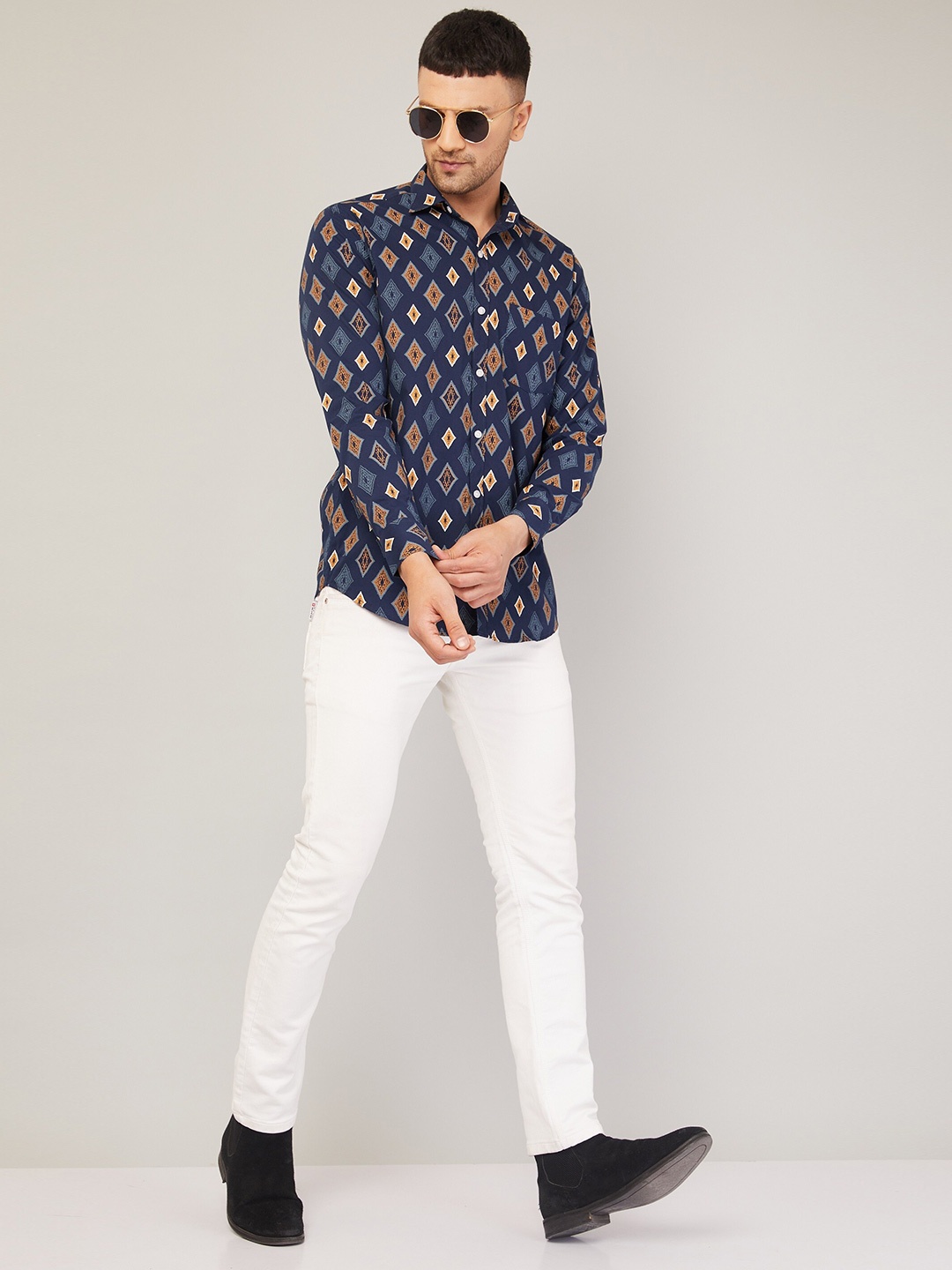 

LOUIS MONARCH Comfort Slim Fit Geometric Printed Cotton Casual Shirt, Blue