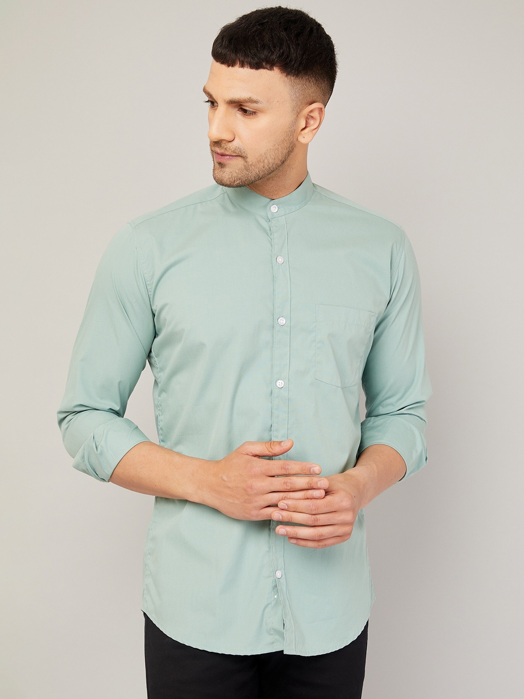 

LOUIS MONARCH Comfort Band Collar Long Sleeves Slim Fit Cotton Casual Shirt, Green