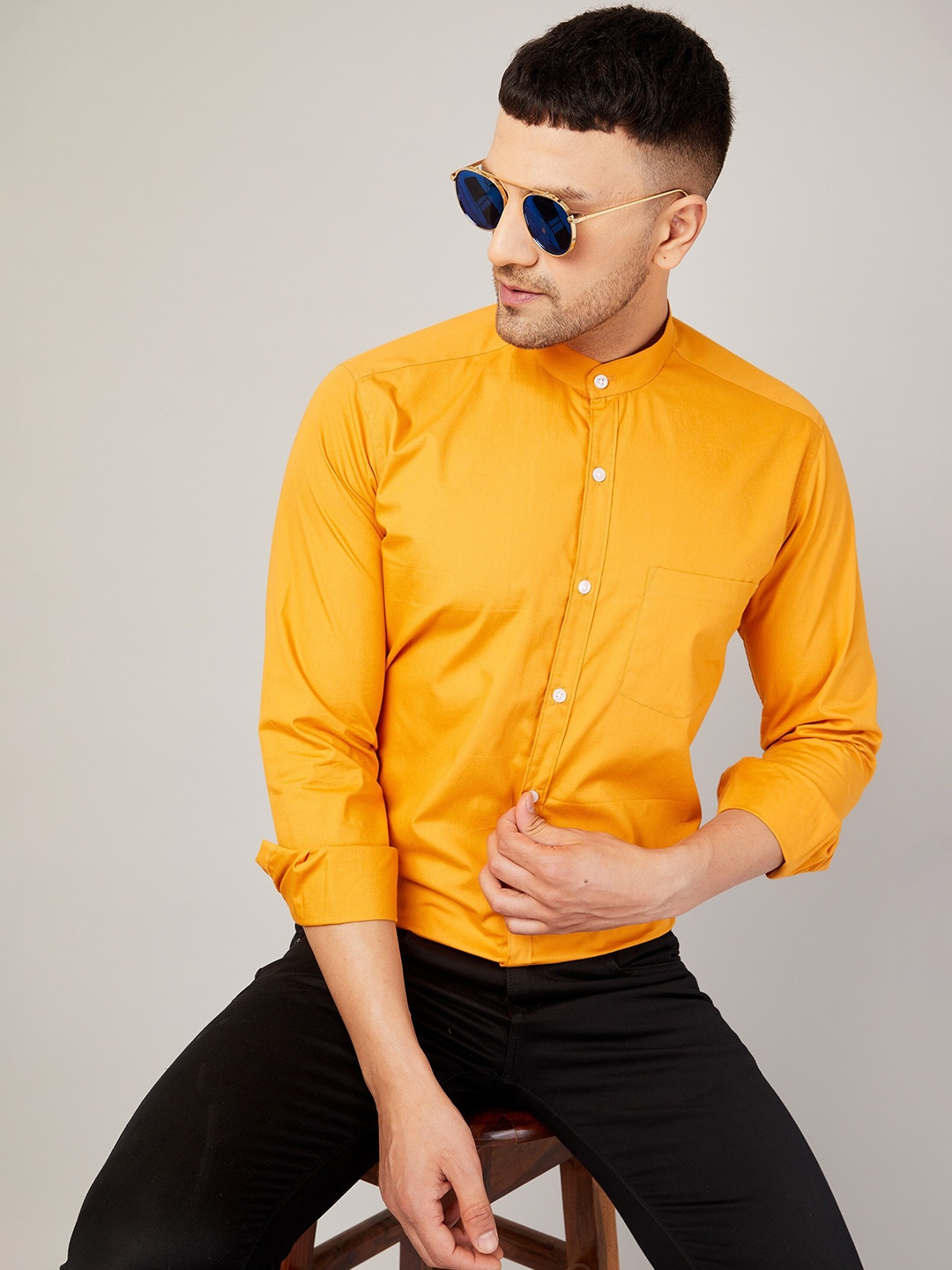 

LOUIS MONARCH Comfort Band Collar Long Sleeves Slim Fit Cotton Casual Shirt, Yellow