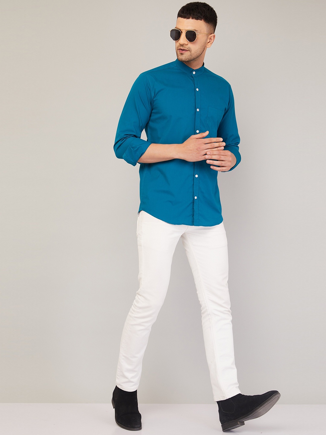 

LOUIS MONARCH Comfort Band Collar Long Sleeves Slim Fit Cotton Casual Shirt, Blue