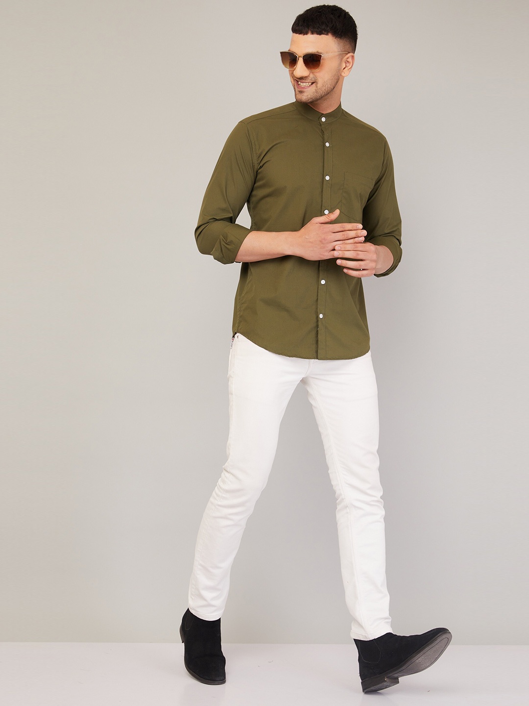 

LOUIS MONARCH Comfort Slim Fit Mandarin Collar Cotton Casual Shirt, Green