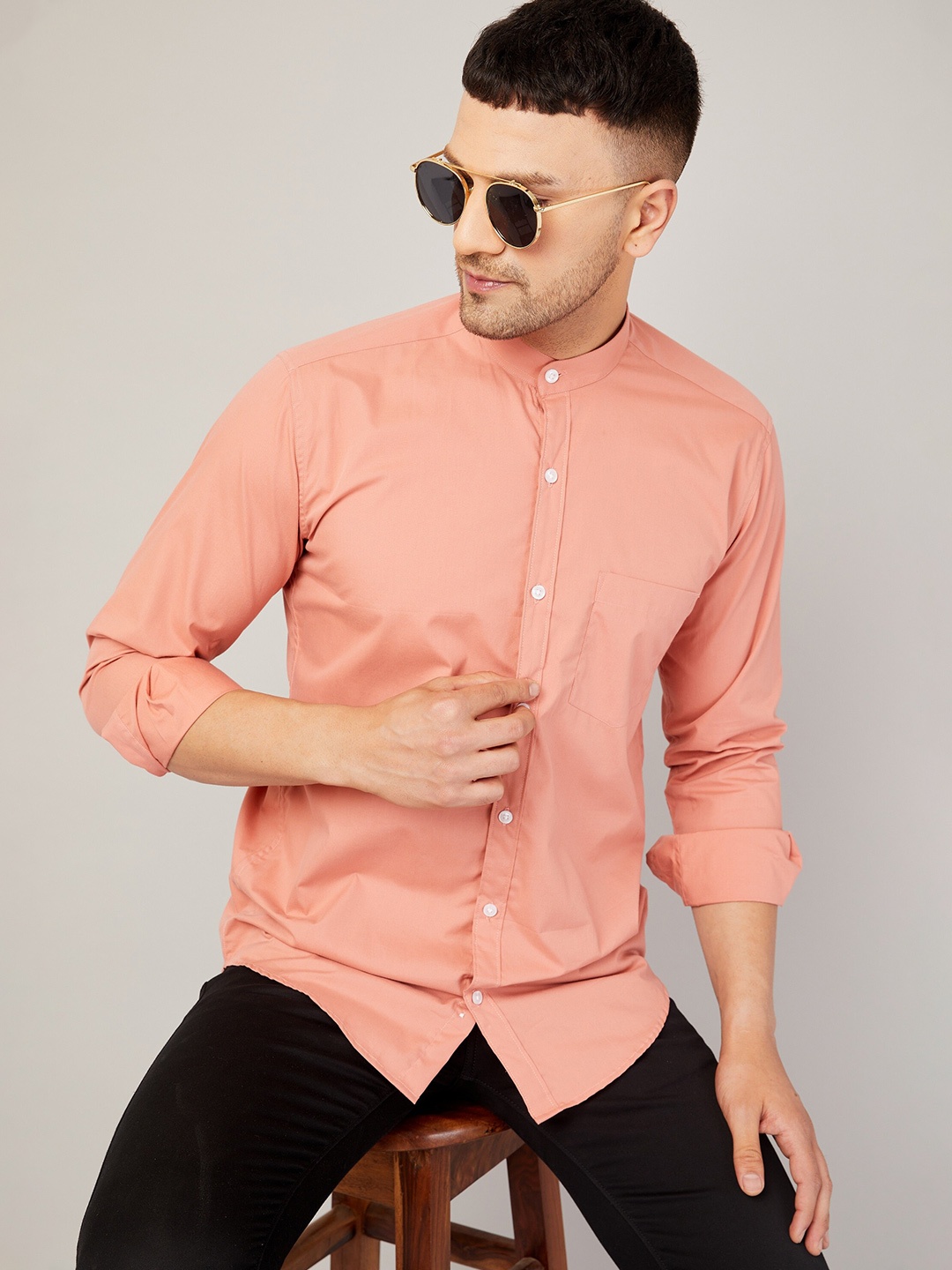 LOUIS MONARCH Comfort Band Collar Long Sleeves Slim Fit Cotton Casual Shirt, Peach