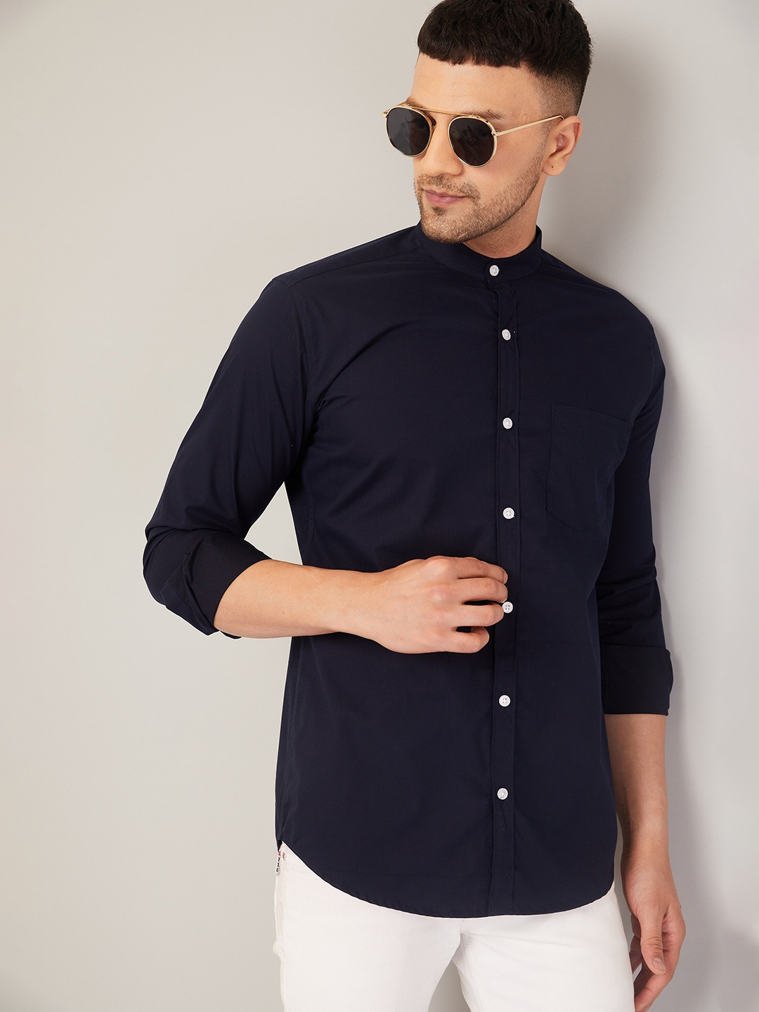 

LOUIS MONARCH Mandarin Collar Comfort Formal Shirt, Navy blue