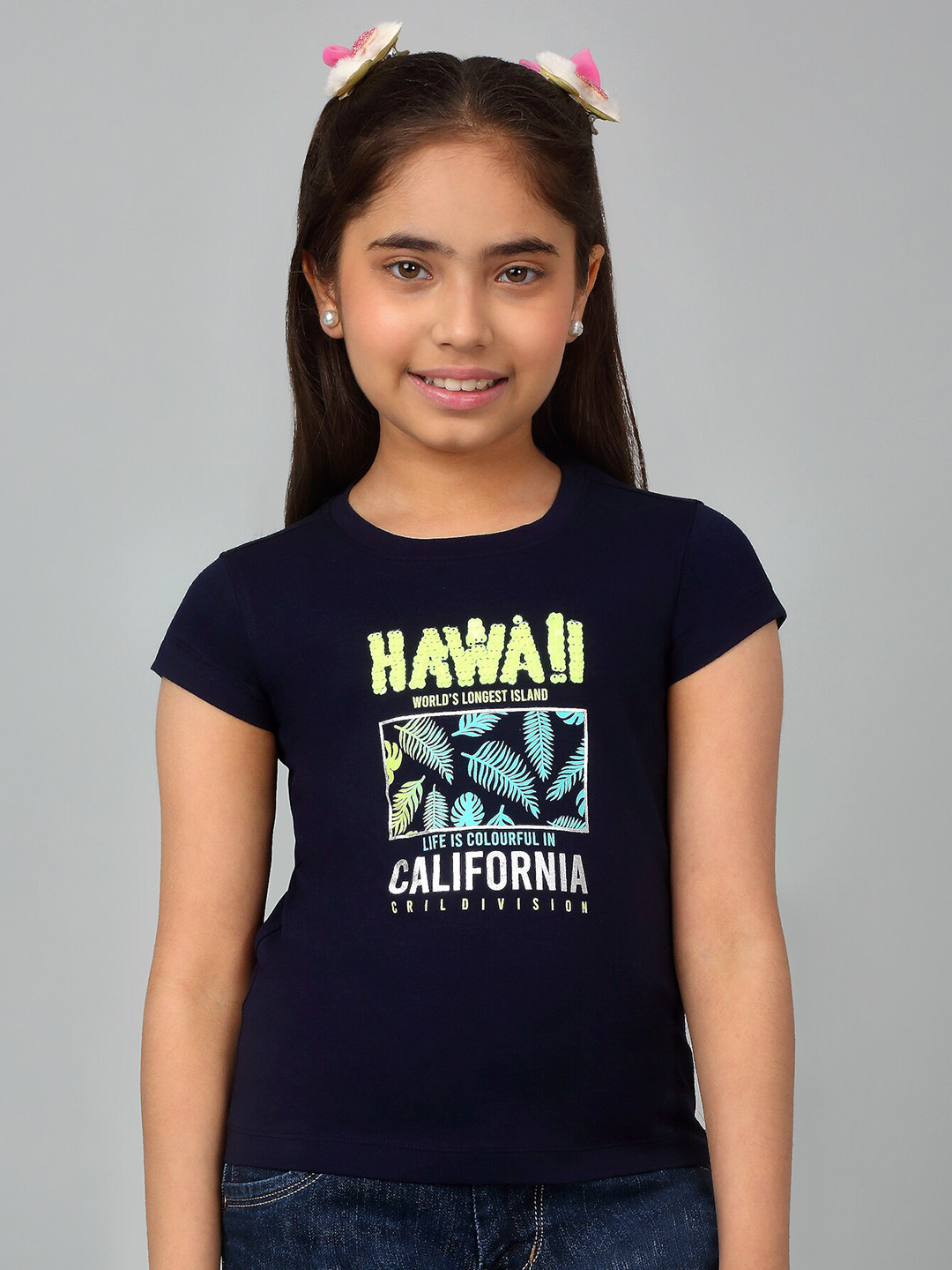 

Cantabil Girls Round Neck Typography Printed Cotton Regular Fit T-shirt, Navy blue