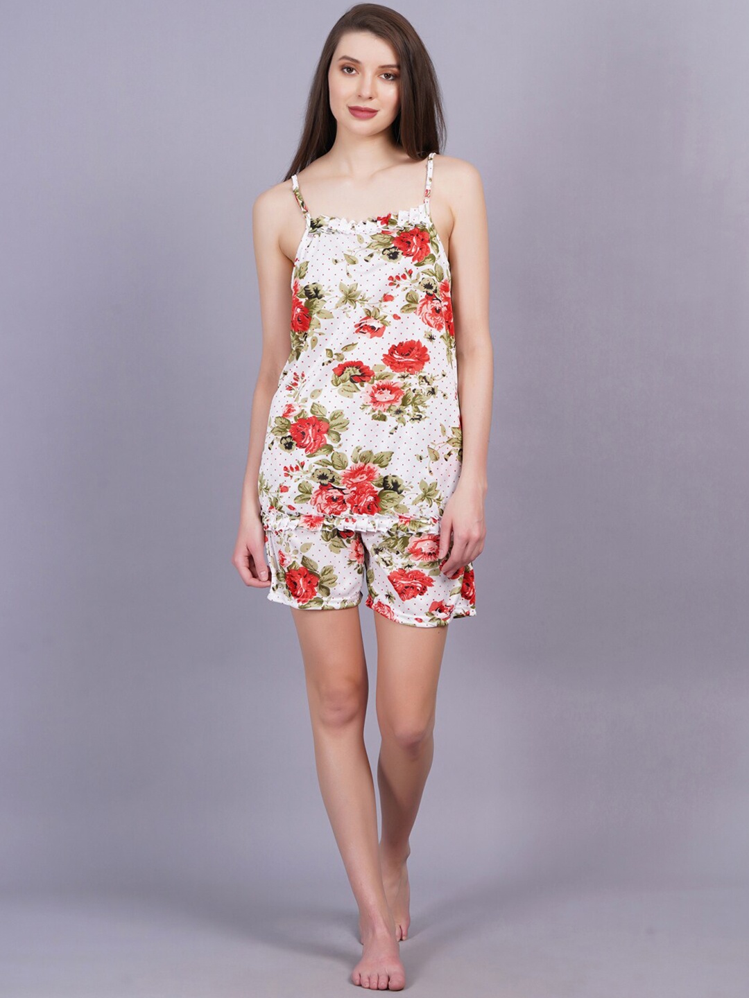 

Breezly Floral Printed Satin Top With Shorts, Orange