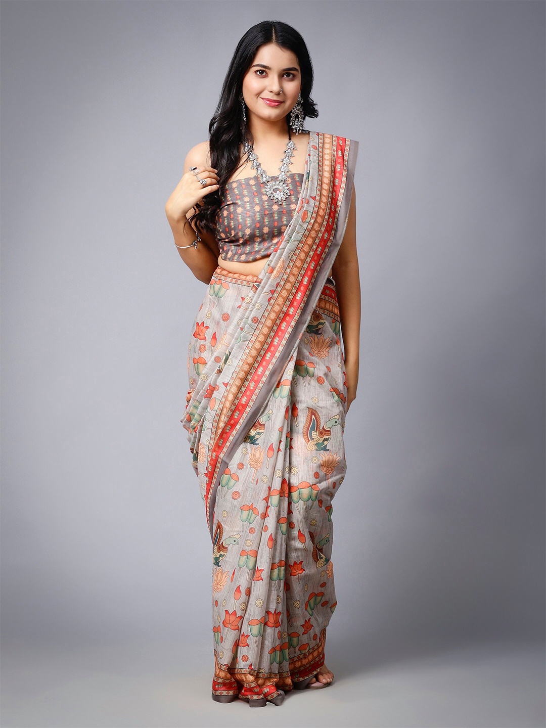 

Sawere Kalamkari Pure Cotton Saree with Tassels, Grey