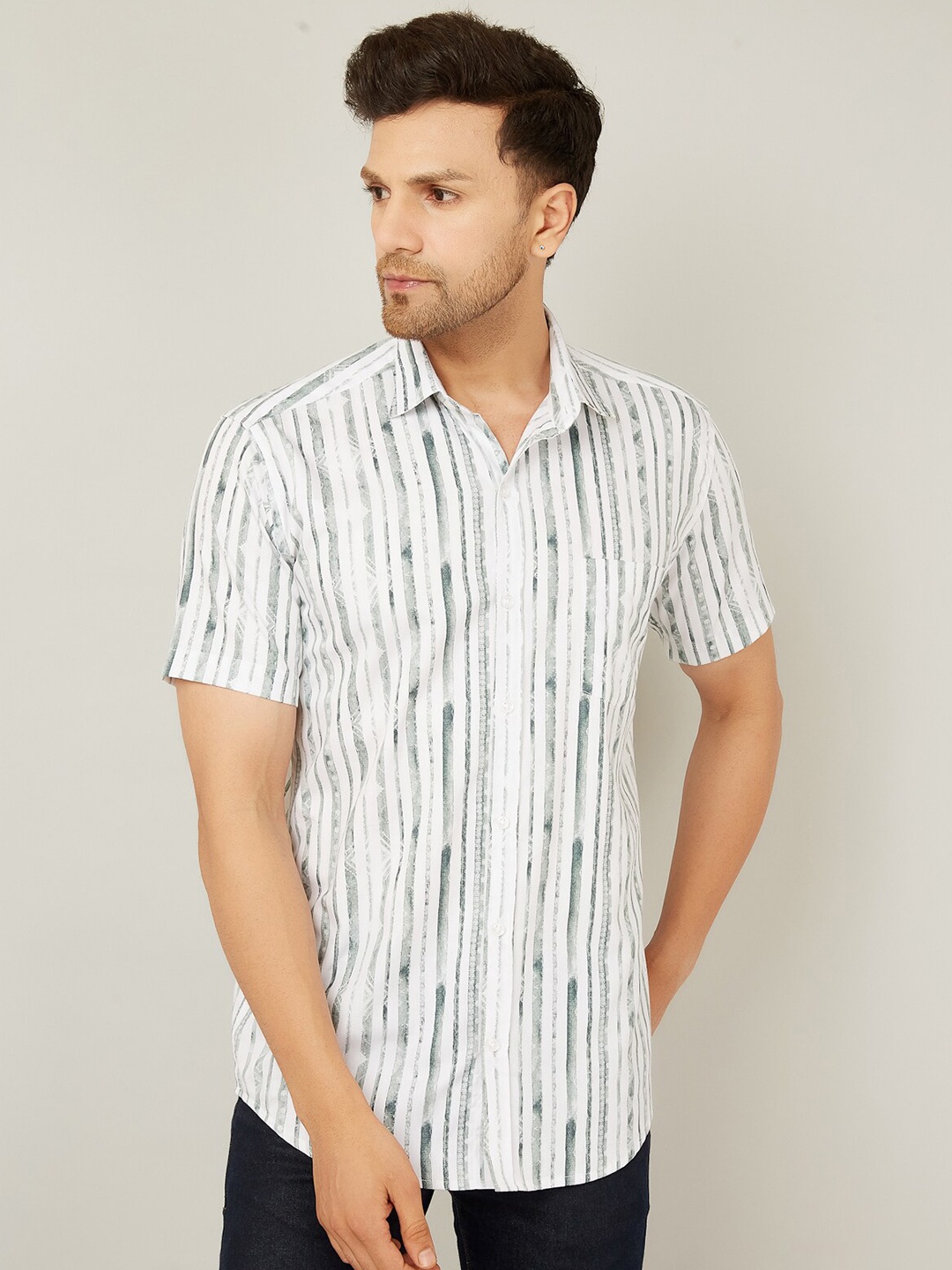 

LOUIS MONARCH Comfort Slim Fit Vertical Stripes Cotton Casual Shirt, White