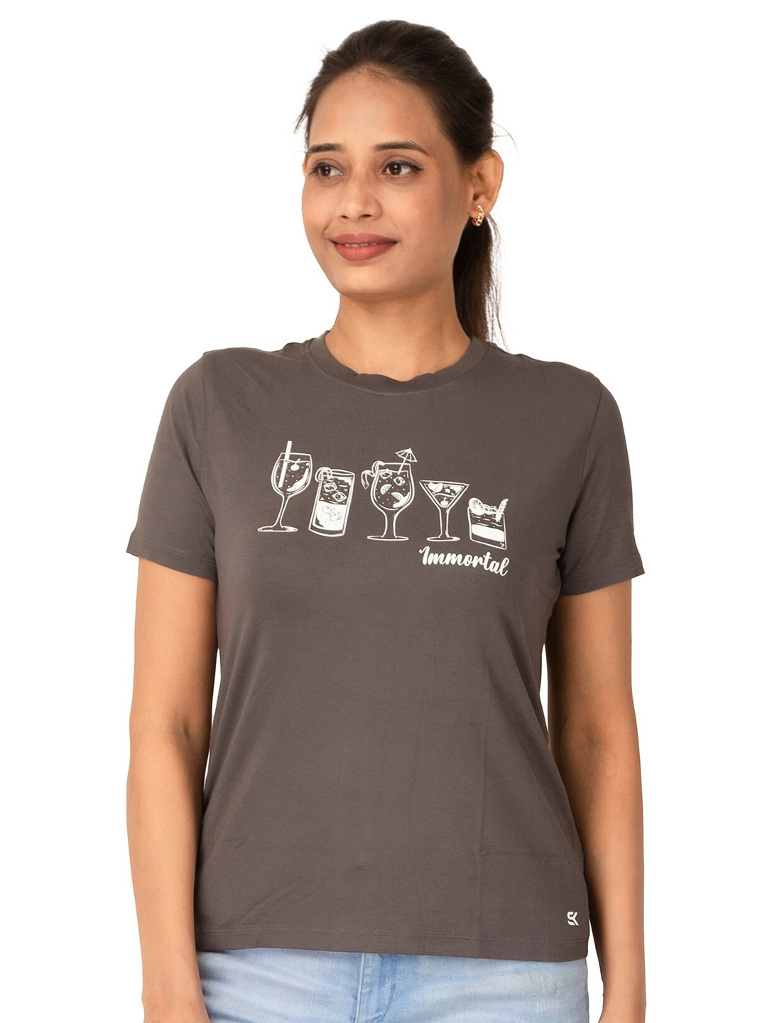 

One Sky Women Graphic Printed Round Neck Viscose T-Shirt, Olive