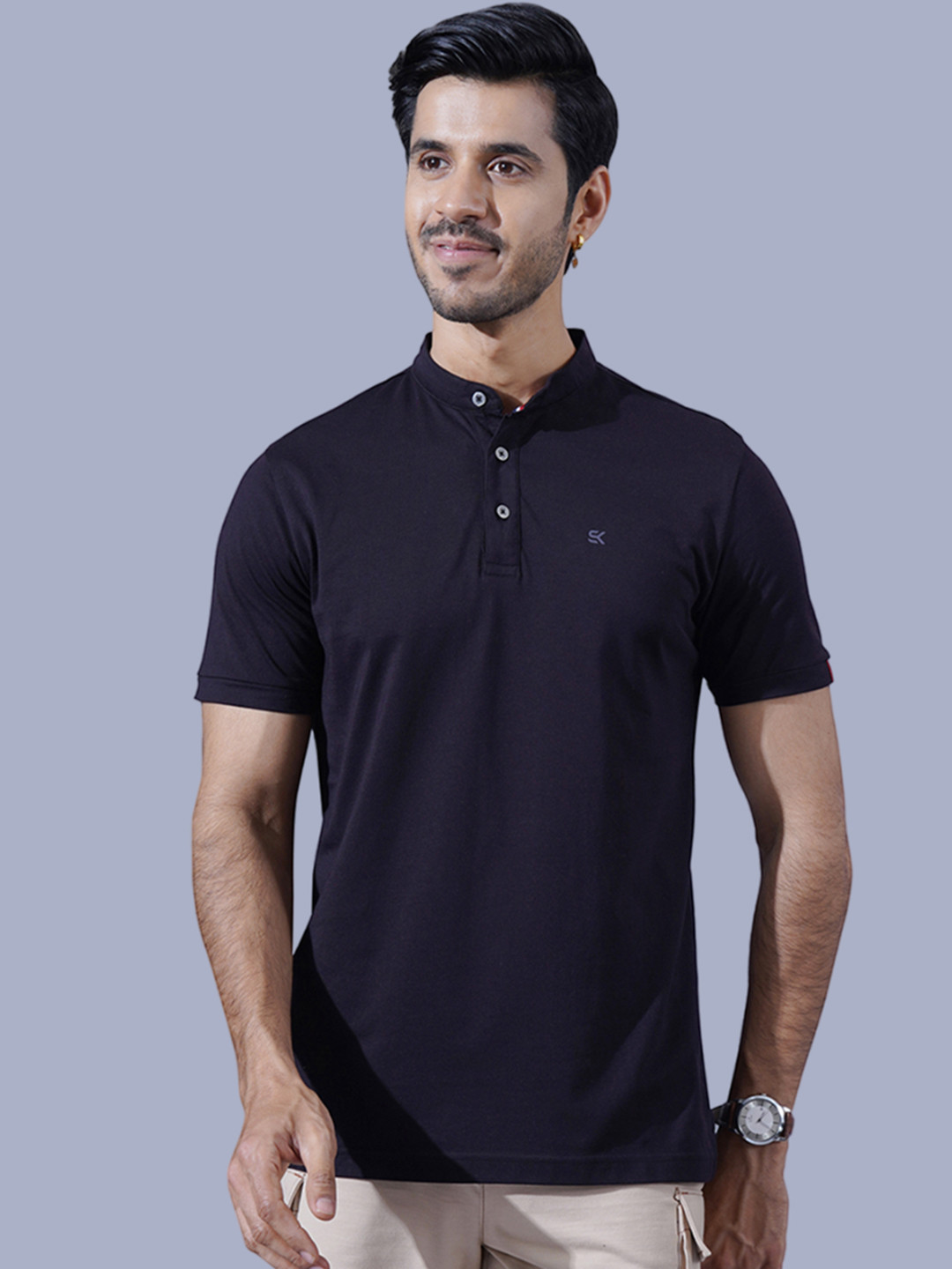 

ONE SKY Mandarin Collar Short Sleeves Cotton T-shirt, Black