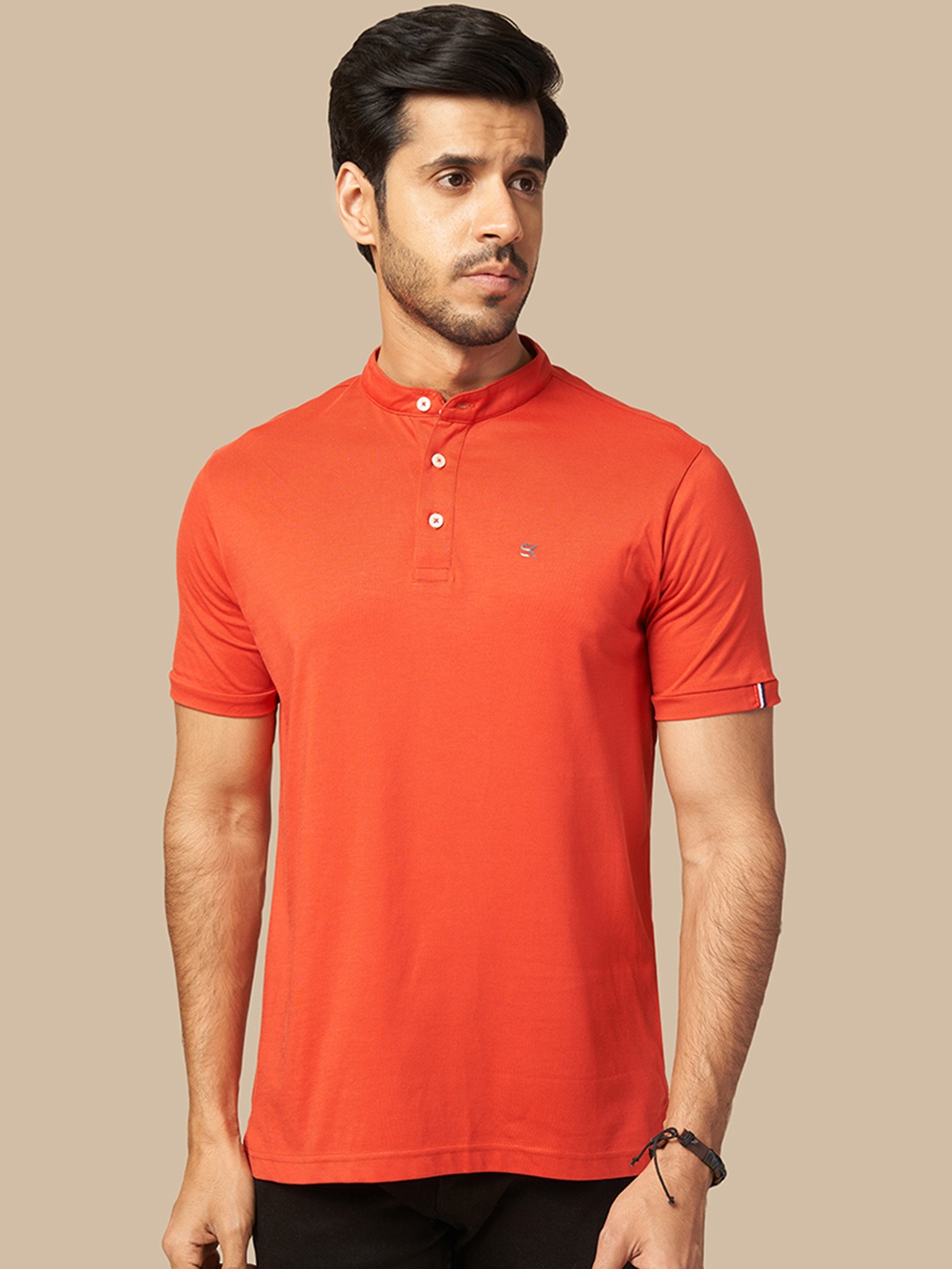 

ONE SKY Mandarin Collar Short Sleeves Cotton T-shirt, Red