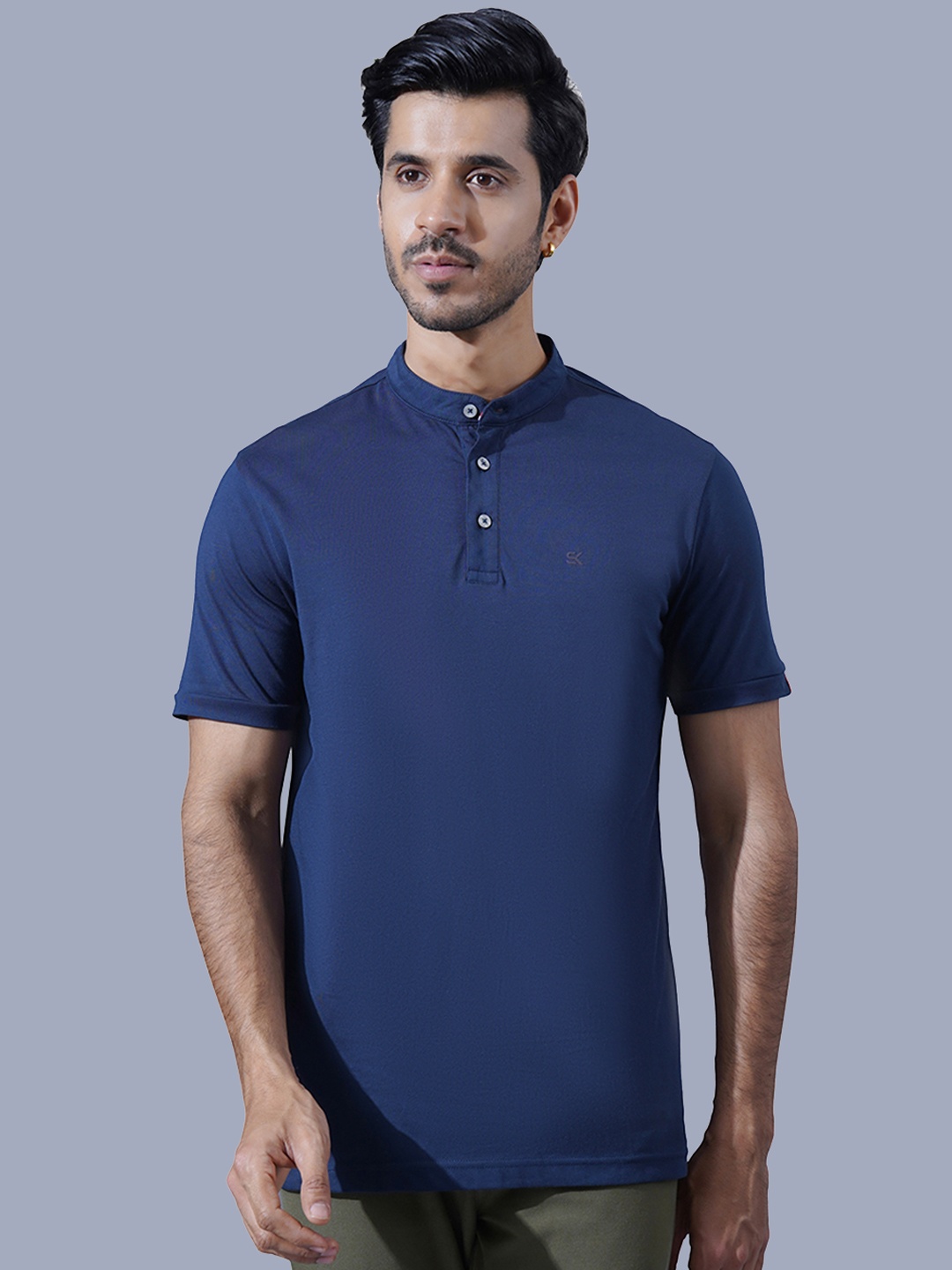 

ONE SKY Mandarin Collar Short Sleeves Cotton T-shirt, Navy blue