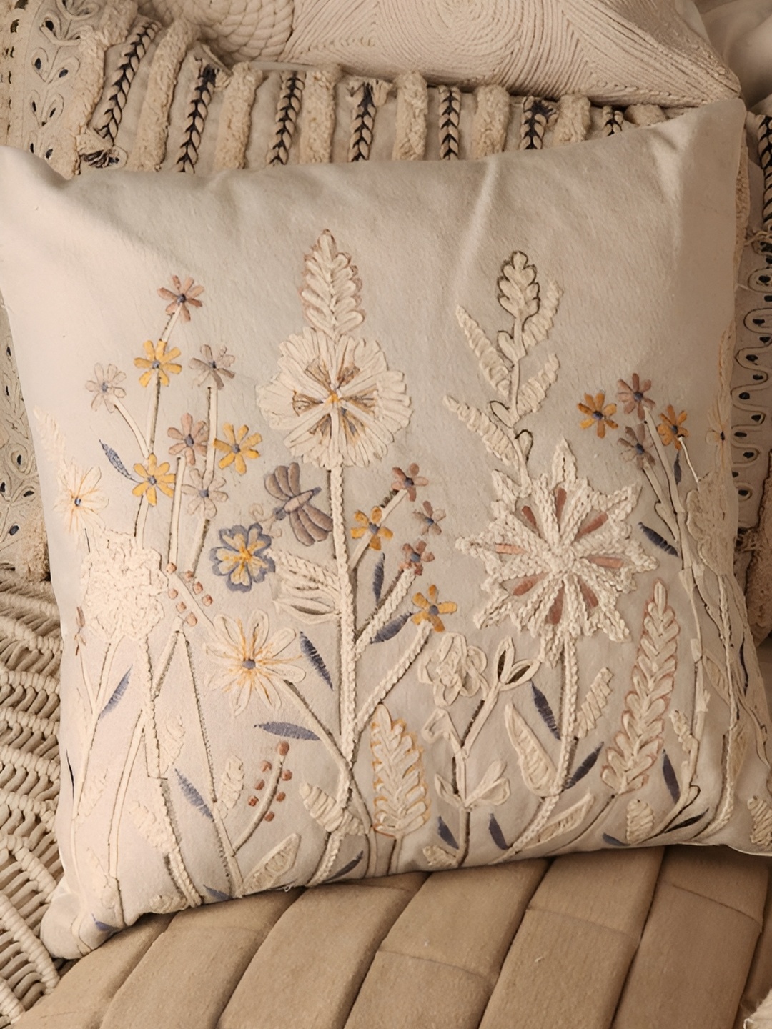 

aadyahome White & Yellow Ethnic Motifs Cotton Rectangle Cushion Covers