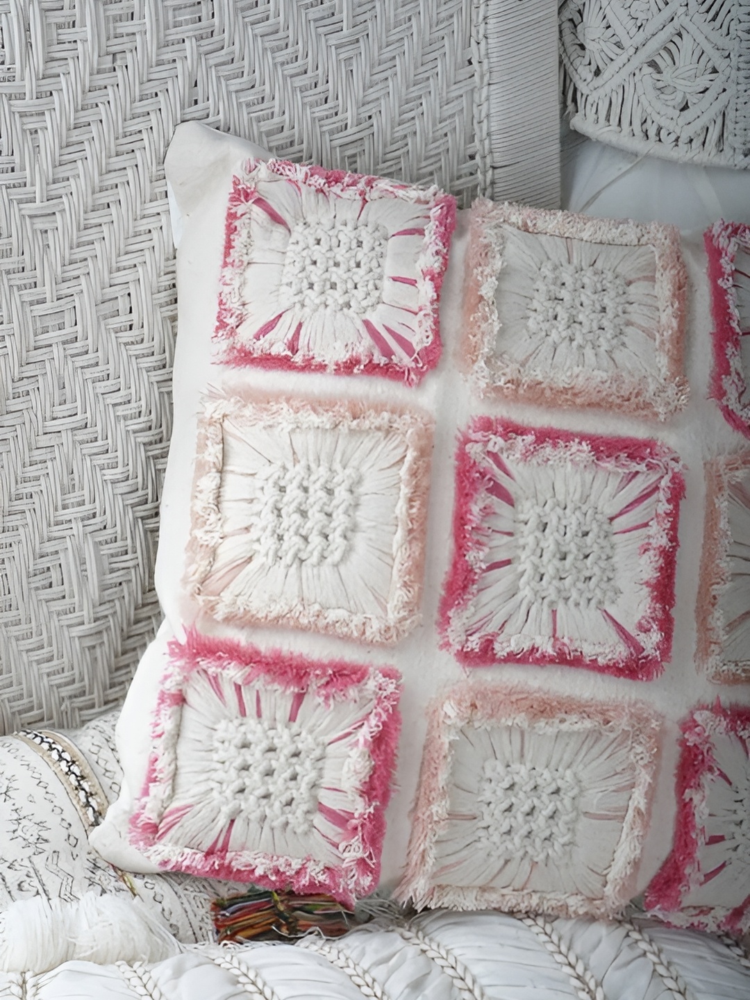 

aadyahome White & Pink Ethnic Motifs Cotton Square Cushion Covers